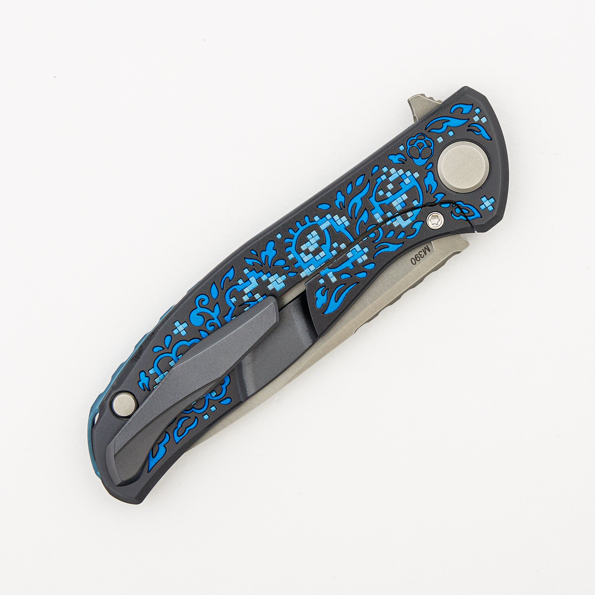 Shirogorov Knives / Ti2 Design F95 Black Hula "Blue Pixelated Flower" - M390 Blade - MRBS