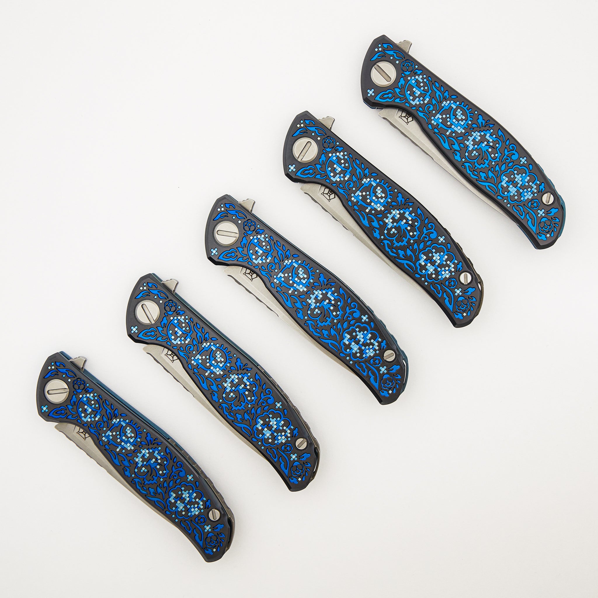 Shirogorov Knives / Ti2 Design F95 Black Hula "Blue Pixelated Flower" - M390 Blade - MRBS