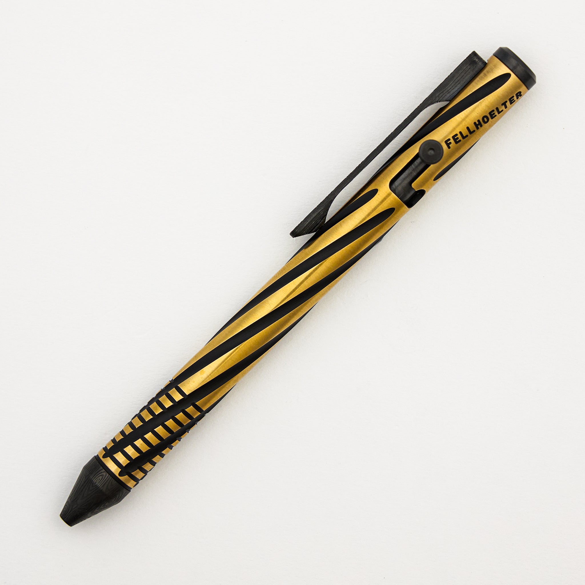 Cptn Axel Full Size TiBolt Pen - Brass Crosscut Tuxedo W/ Zirc Hardware & Black Damasteel Tritium Clip