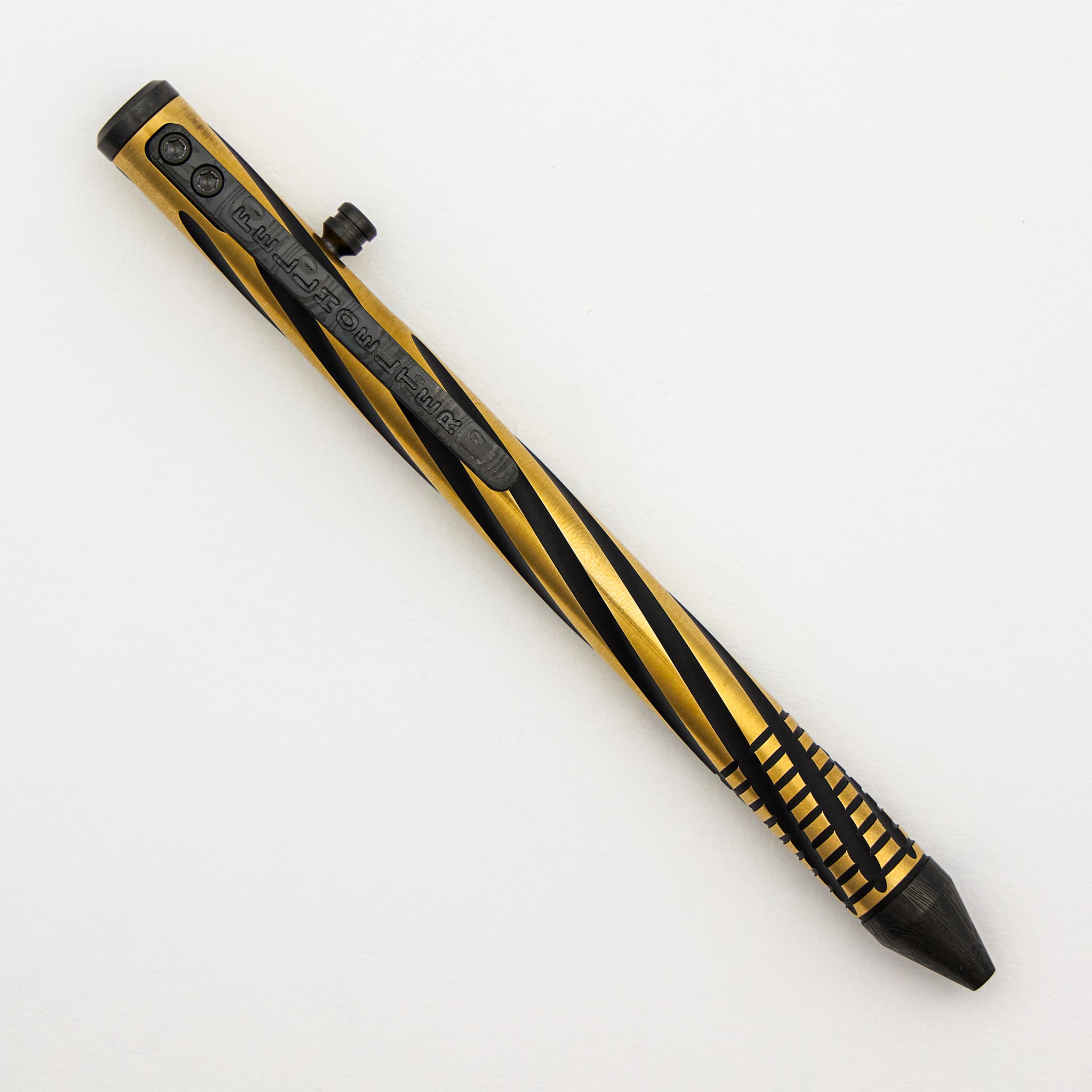 Cptn Axel Full Size TiBolt Pen - Brass Crosscut Tuxedo W/ Zirc Hardware & Black Damasteel Tritium Clip