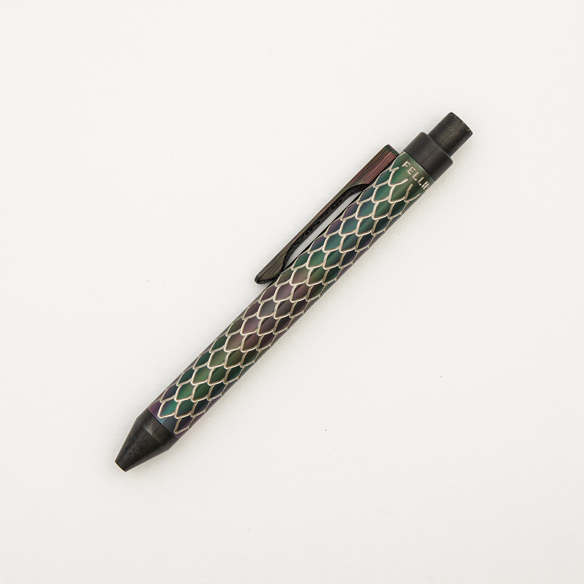 Cptn Axel TiClicker Pen - Reverse Tuxedo Oilslick Zirconium Dragon/Black Damasteel Clip