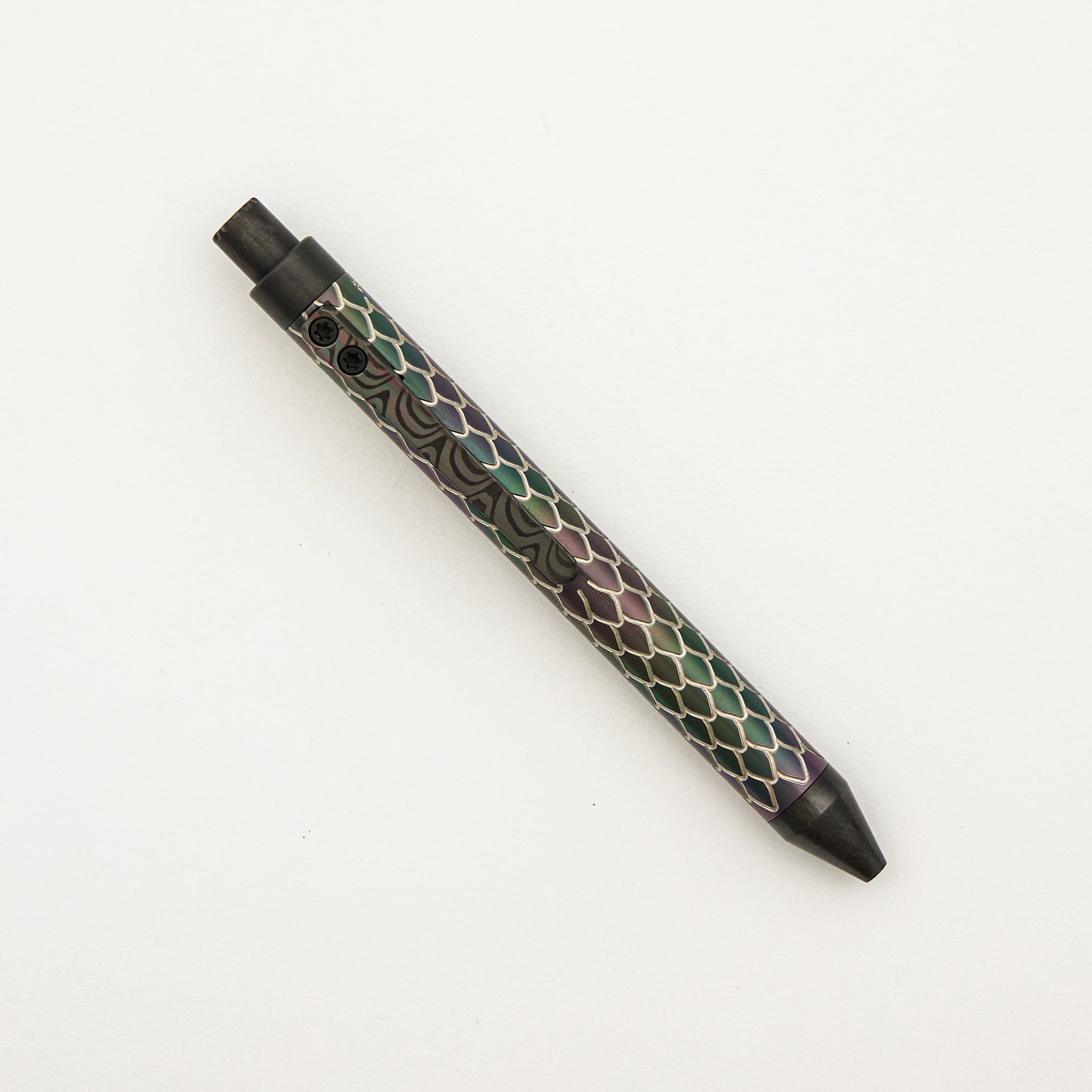 Cptn Axel TiClicker Pen - Reverse Tuxedo Oilslick Zirconium Dragon/Black Damasteel Clip