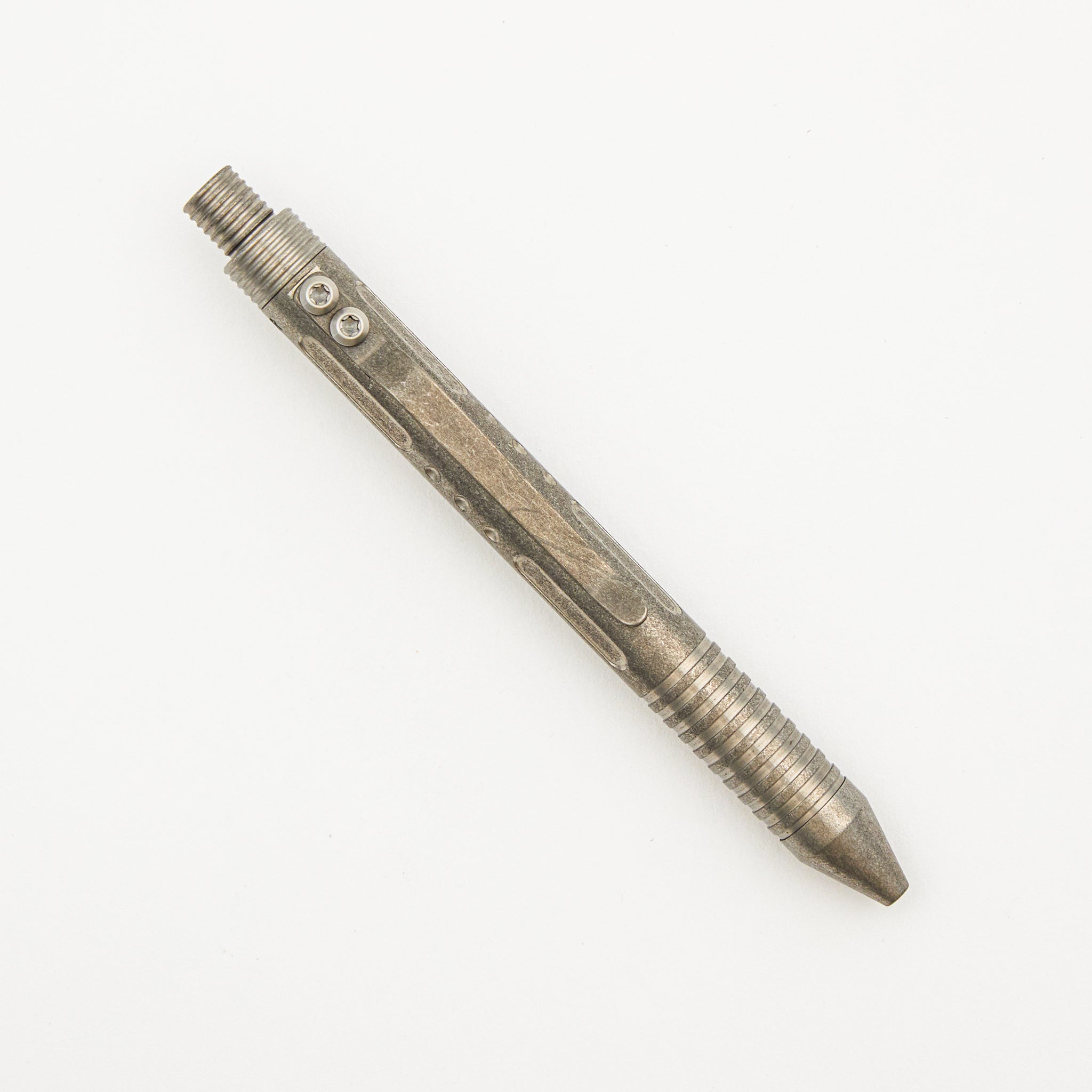 TiClicker Pen - Titanium Stonewashed W/ Slots - Divots - Grip Rings