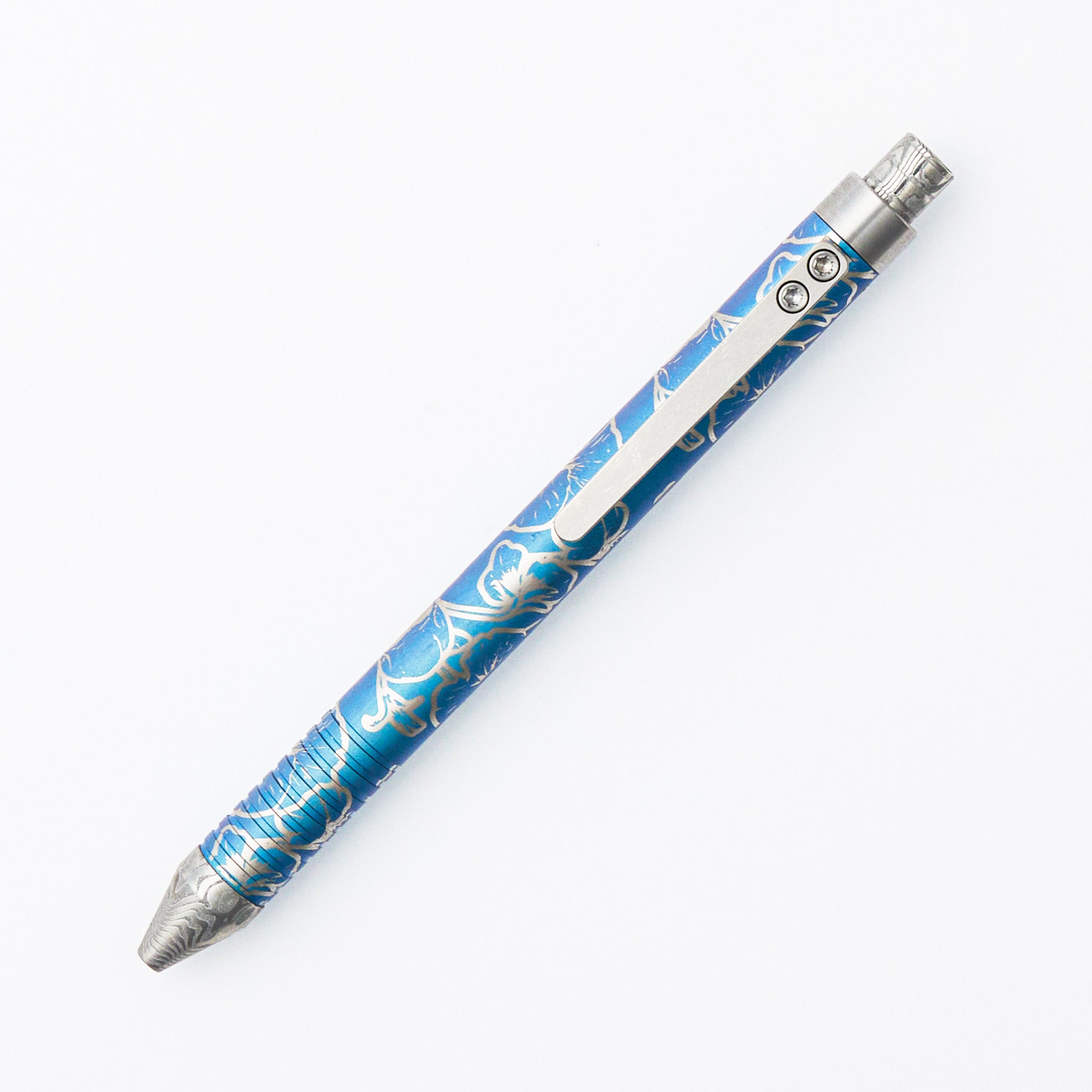 Cptn Axel Full Size TiCkler Pen - "Hibiskull" Teal W/ Milled Titanium Clip and Damasteel Parts
