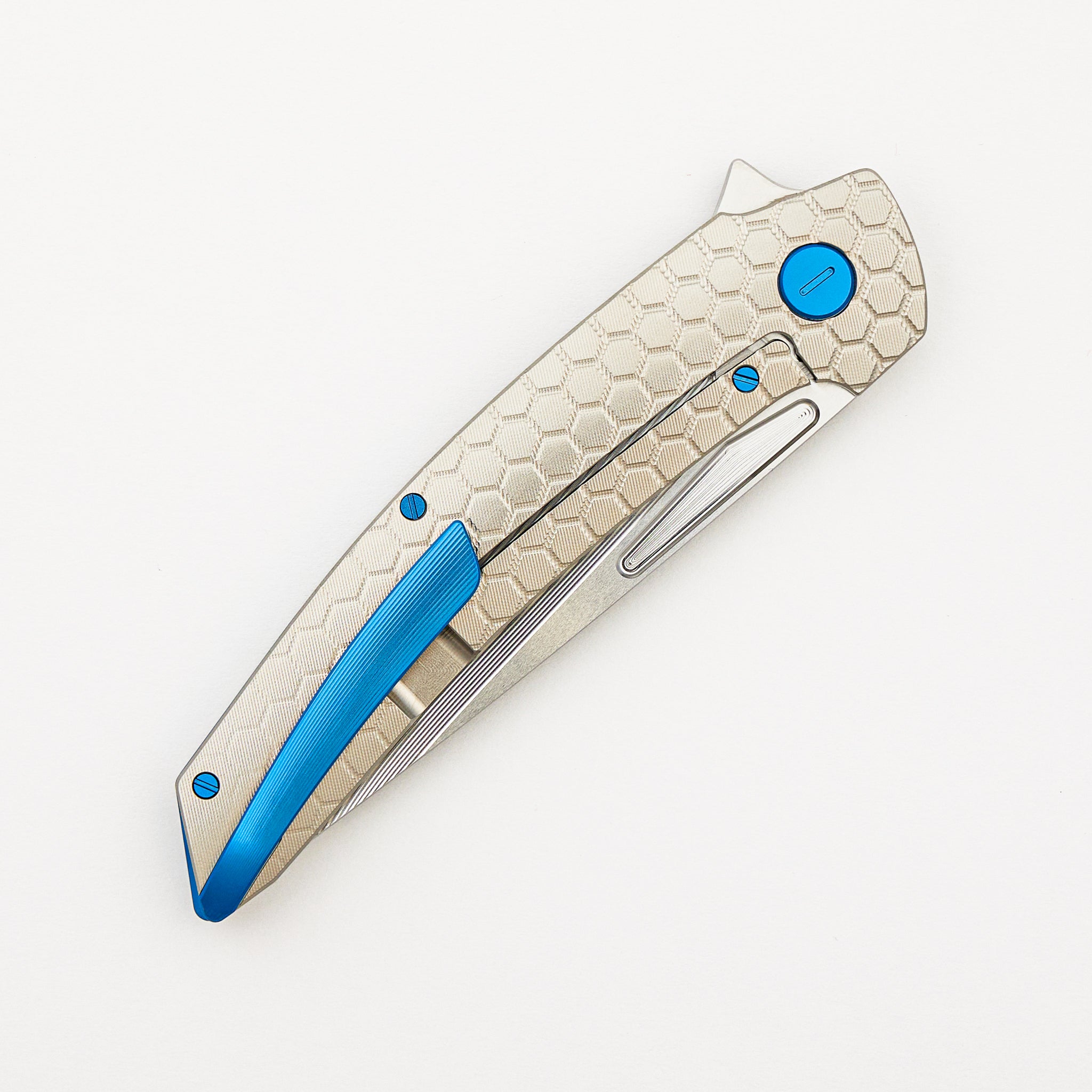 Model T Gen. 2 - Titanium Handle W/ Fade Honeycomb Milling - RWL-34 Blade - Blue Accents