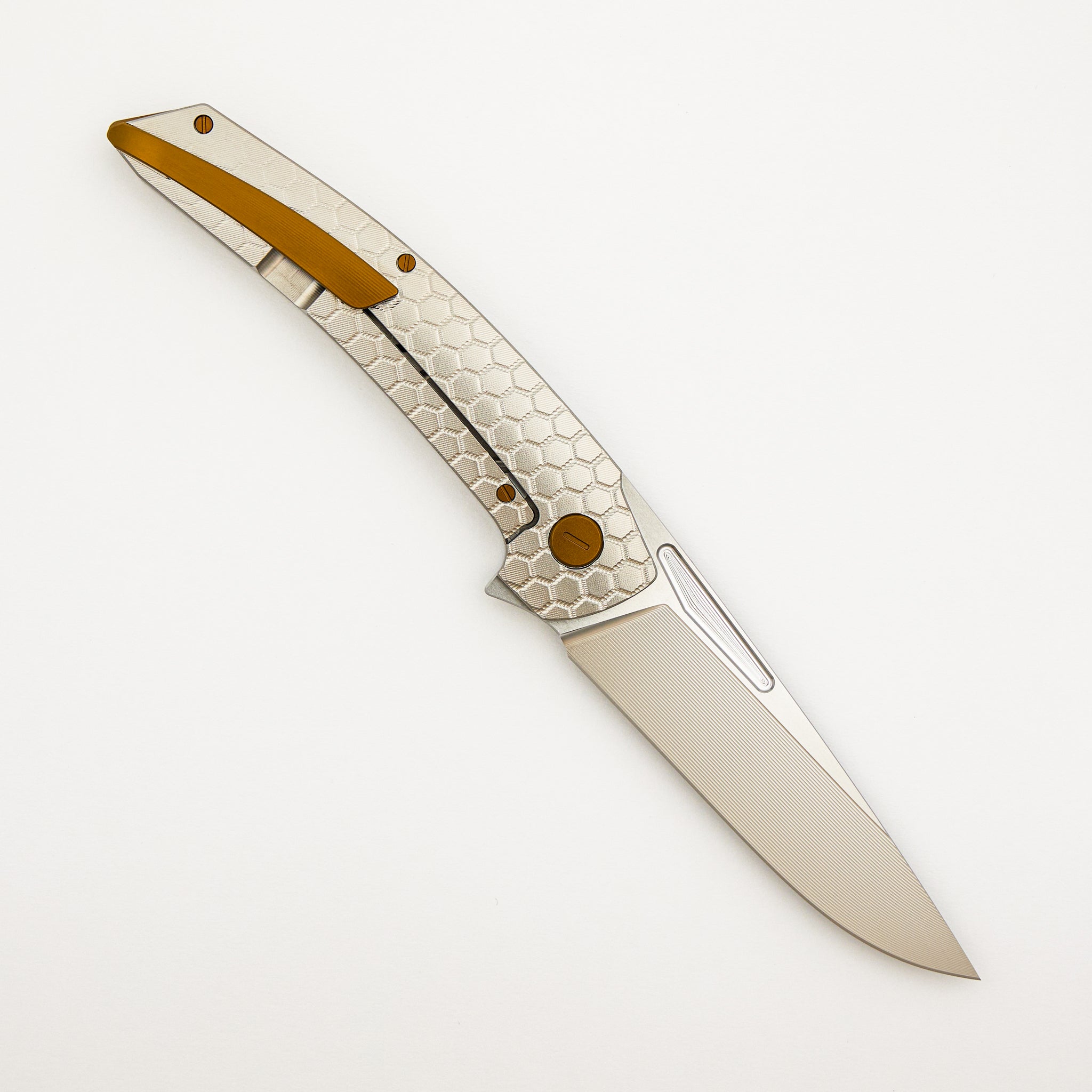 Model T Gen. 2 - Titanium Handle W/ Fade Honeycomb Milling - RWL-34 Blade - Bronze Accents