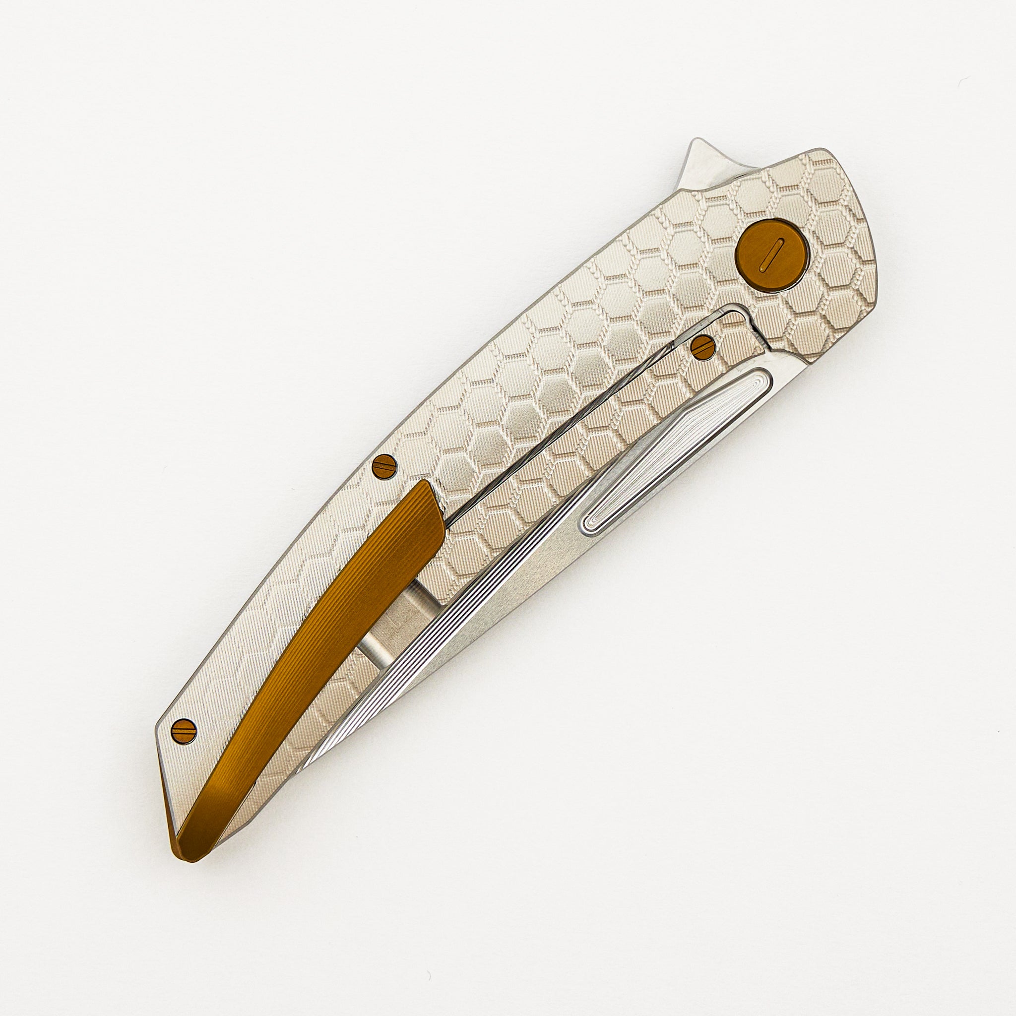 Model T Gen. 2 - Titanium Handle W/ Fade Honeycomb Milling - RWL-34 Blade - Bronze Accents