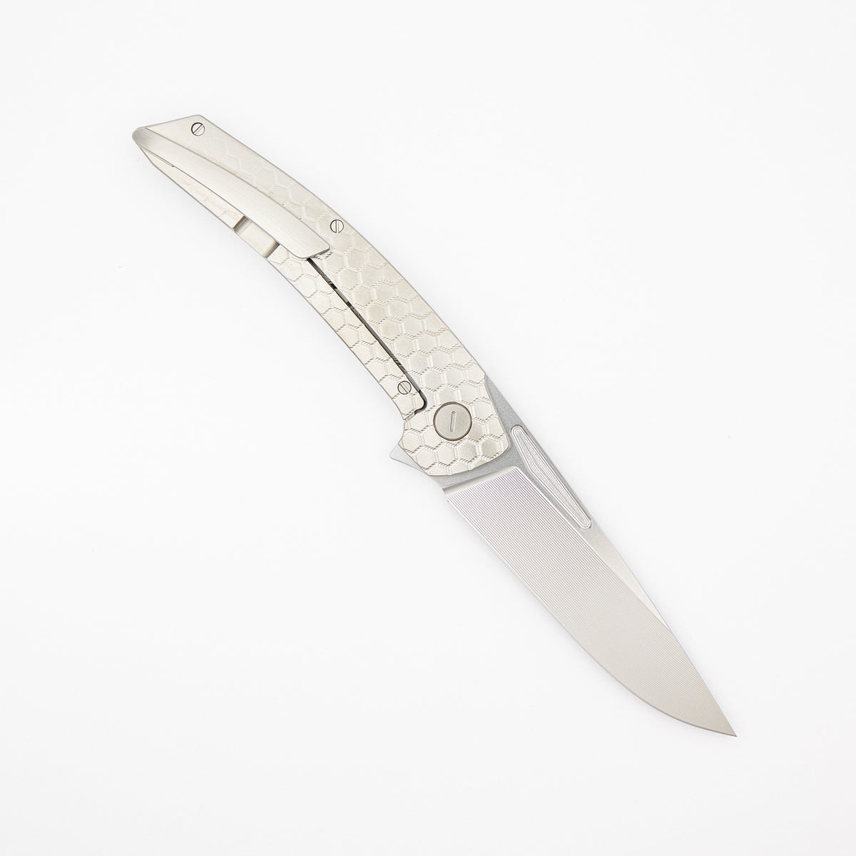 Model T Gen. 2 - Titanium Handle W/ Fade HoneyComb Milling - RWL-34 Blade - Silver Accents