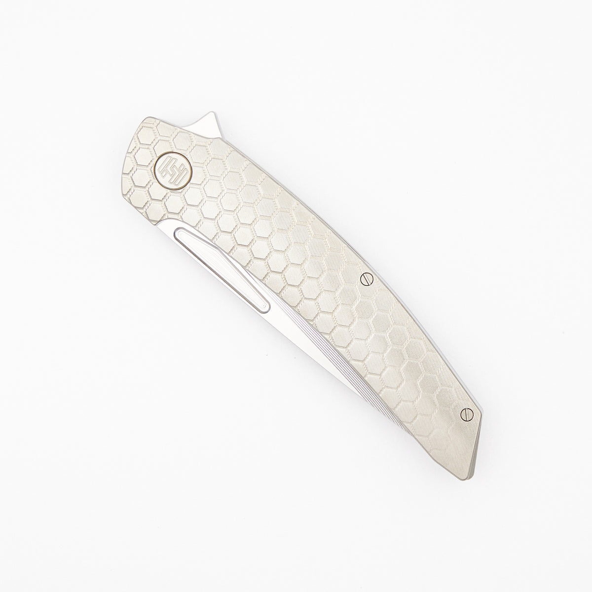 Model T Gen. 2 - Titanium Handle W/ Fade HoneyComb Milling - RWL-34 Blade - Silver Accents