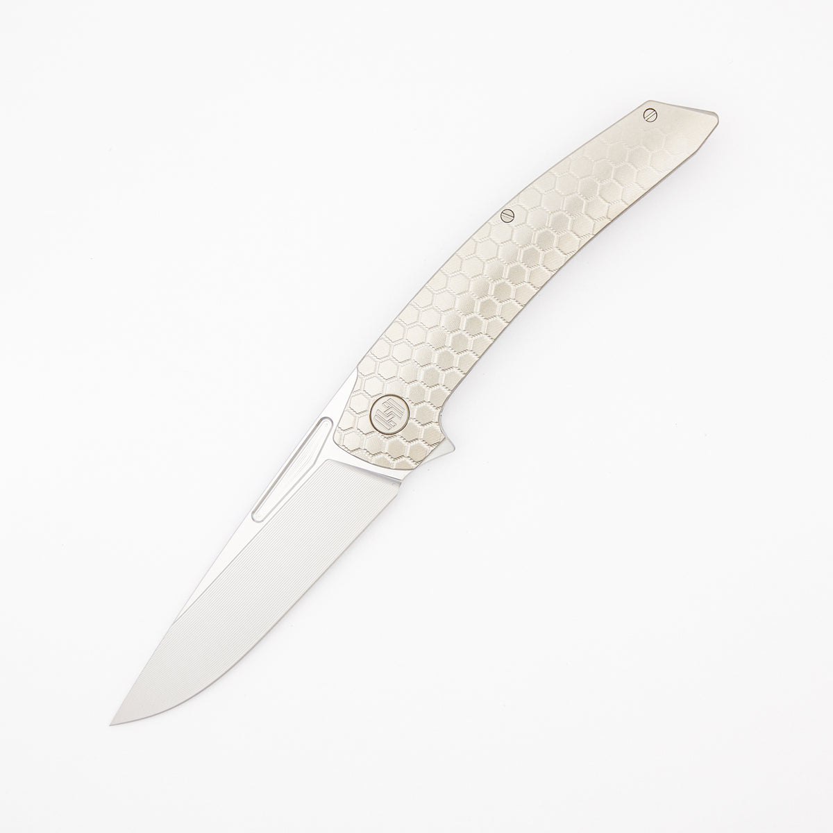 Model T Gen. 2 - Titanium Handle W/ Fade HoneyComb Milling - RWL-34 Blade - Silver Accents