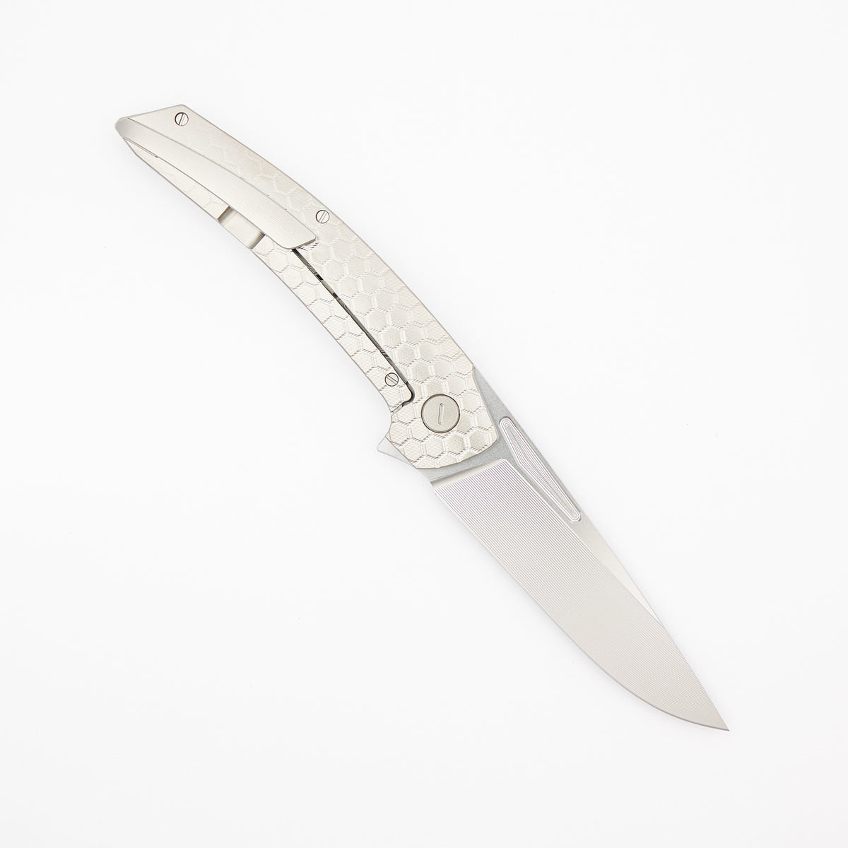 Model T Gen. 2 - Titanium Handle W/ Fade HoneyComb Milling - RWL-34 Blade - Silver Accents