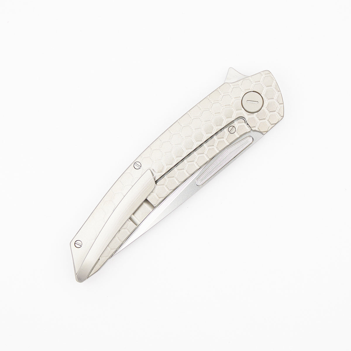 Model T Gen. 2 - Titanium Handle W/ Fade HoneyComb Milling - RWL-34 Blade - Silver Accents