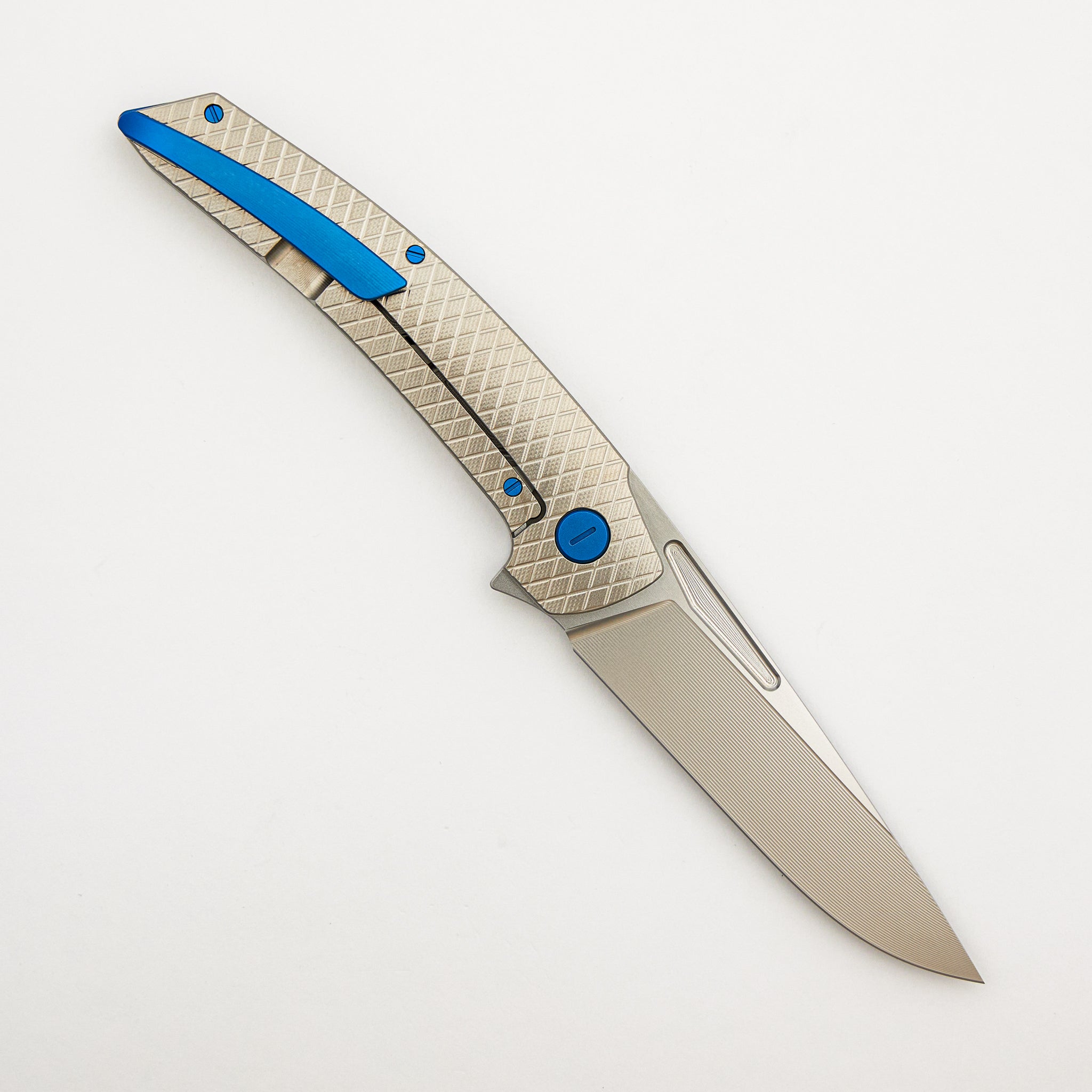 Model T Gen. 2 - Titanium Handle W/ Salmiakki Milling - RWL-34 Blade - Blue Accents