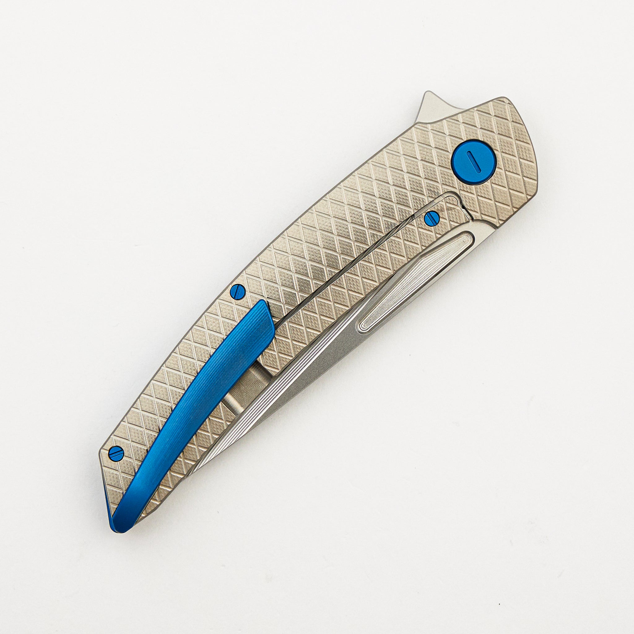 Model T Gen. 2 - Titanium Handle W/ Salmiakki Milling - RWL-34 Blade - Blue Accents