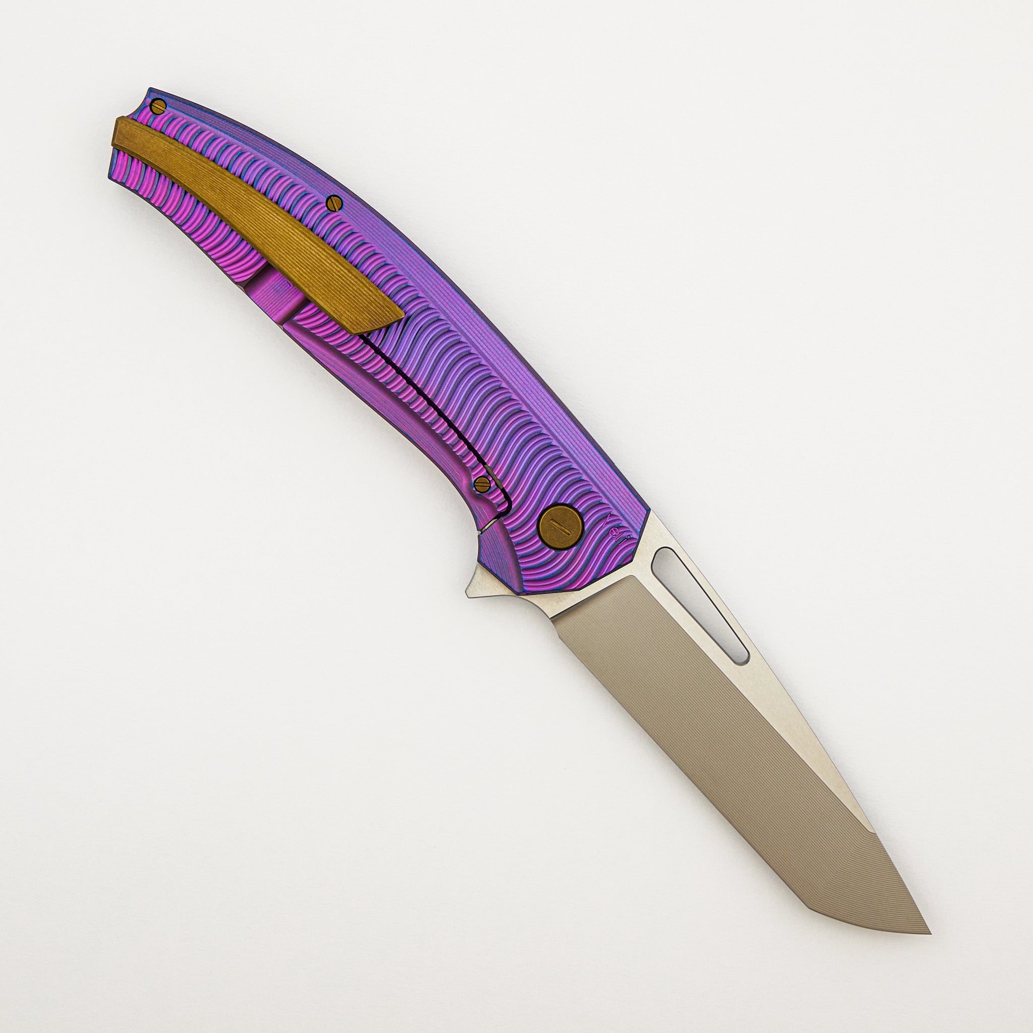 Veli – Purple/Blue Anodized Titanium Handle W/ Wave Pattern – RWL-34 Blade – Bronze Titanium Hardware - S/N 455