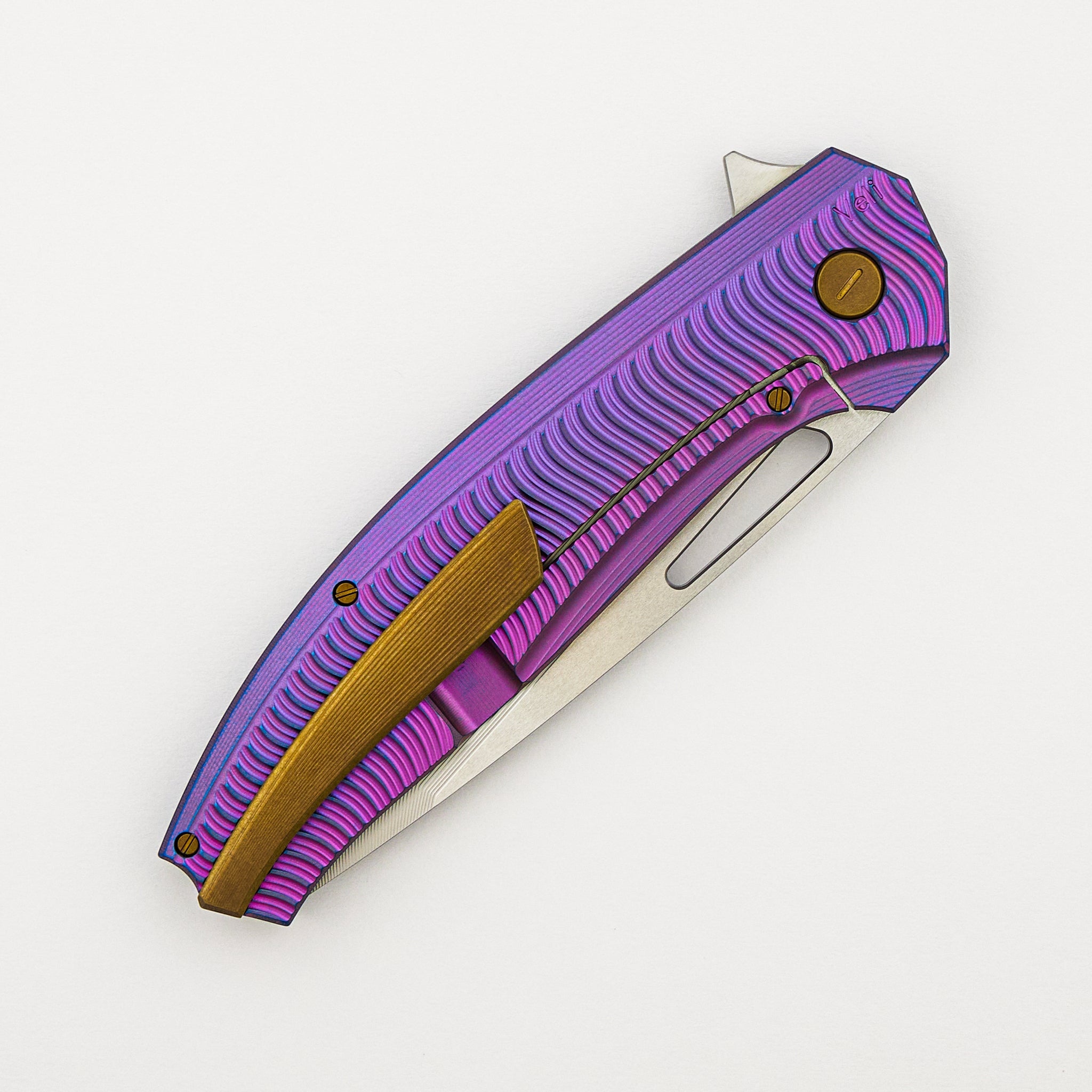 Veli – Purple/Blue Anodized Titanium Handle W/ Wave Pattern – RWL-34 Blade – Bronze Titanium Hardware - S/N 455