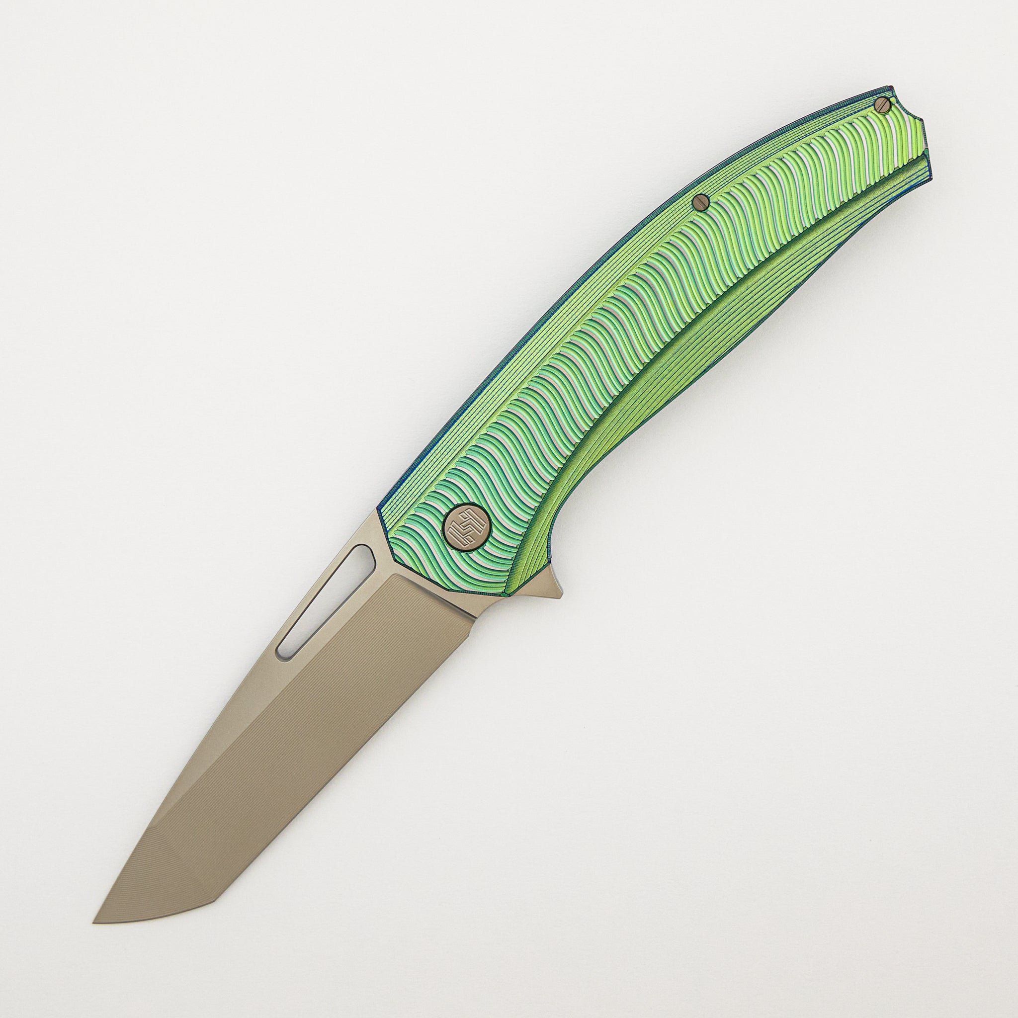 Veli – Green/Blue Anodized Titanium Handle W/ Wave Pattern – RWL-34 Blade – Blasted Finish Titanium Hardware - S/N 459