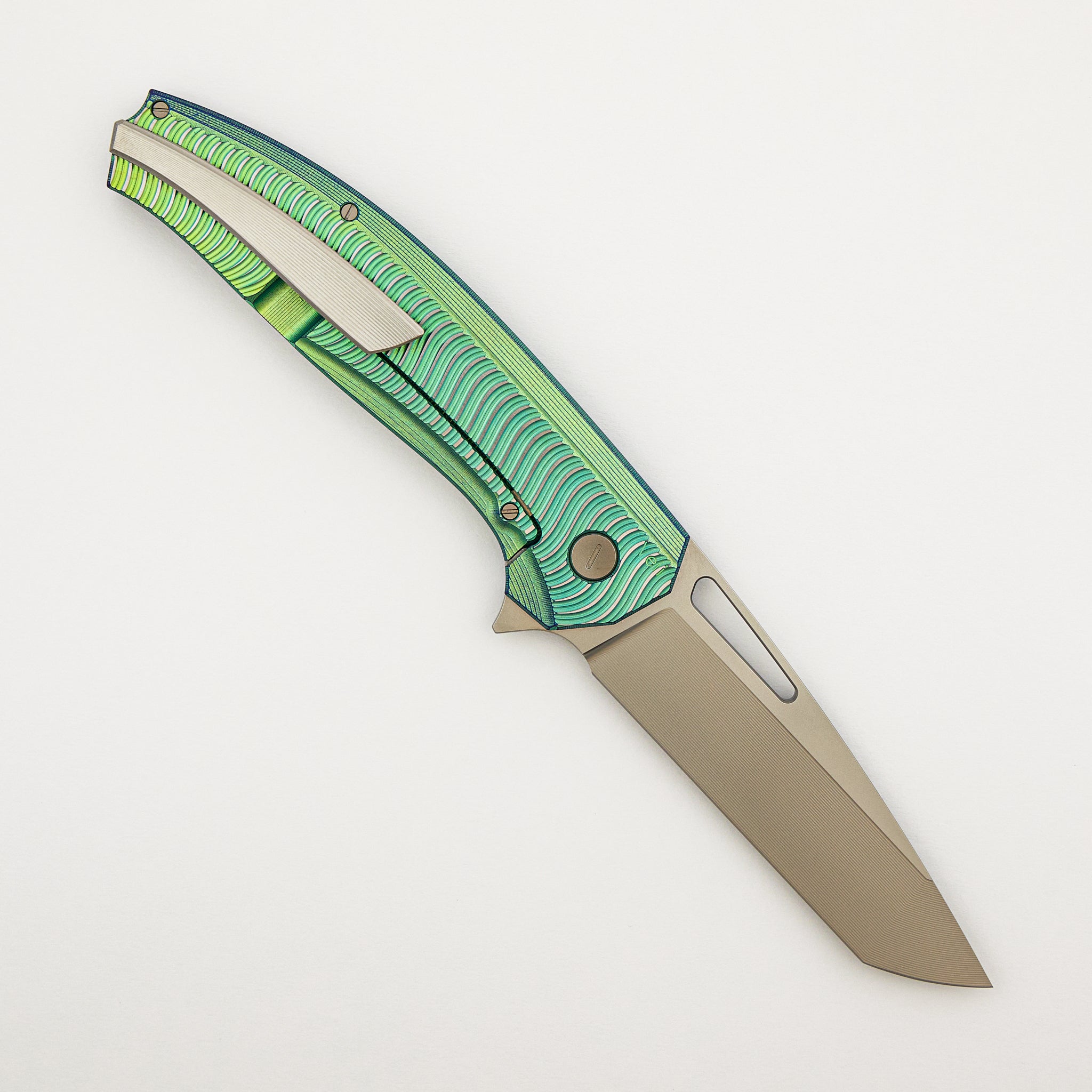 Veli – Green/Blue Anodized Titanium Handle W/ Wave Pattern – RWL-34 Blade – Blasted Finish Titanium Hardware - S/N 459