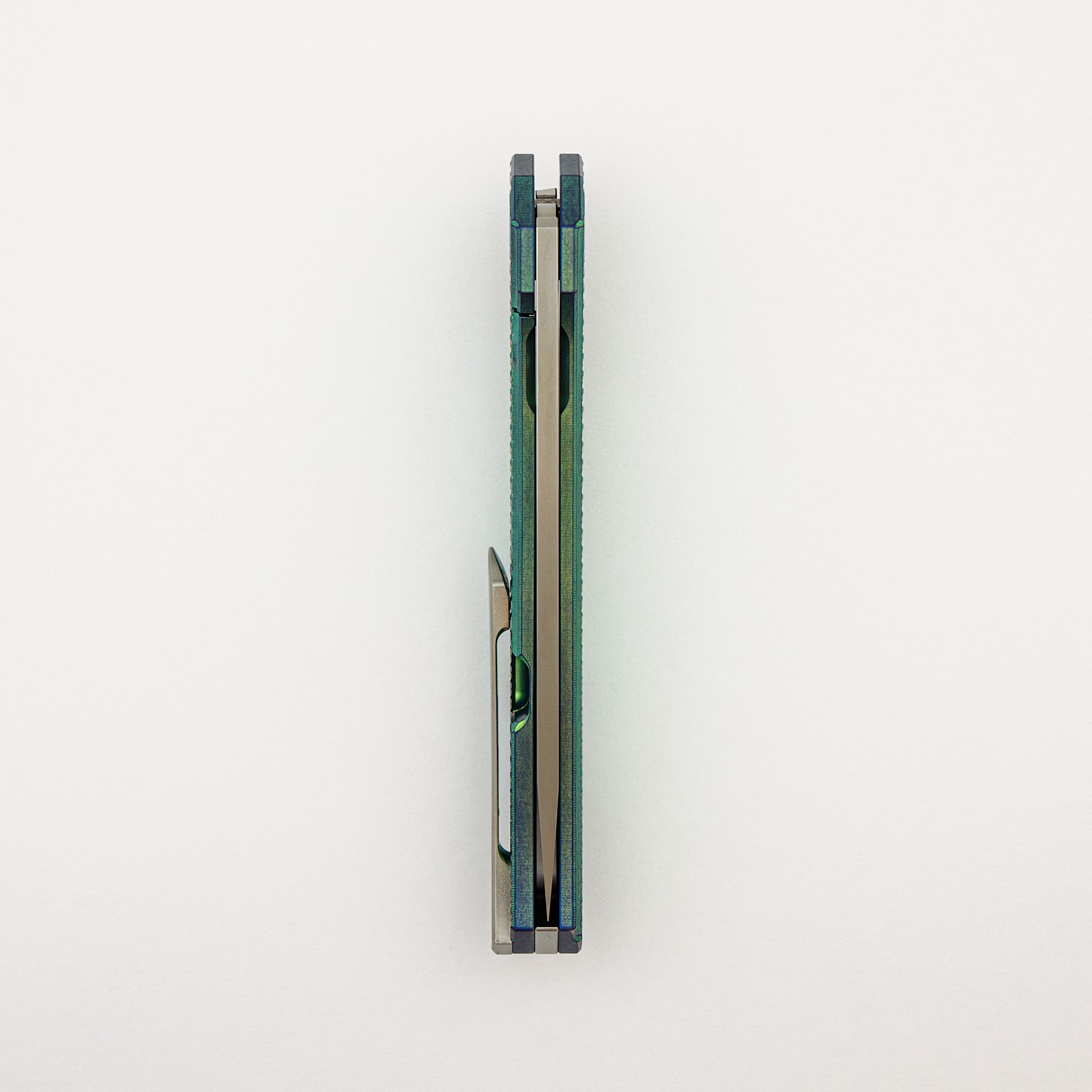 Veli – Green/Blue Anodized Titanium Handle W/ Wave Pattern – RWL-34 Blade – Blasted Finish Titanium Hardware - S/N 459