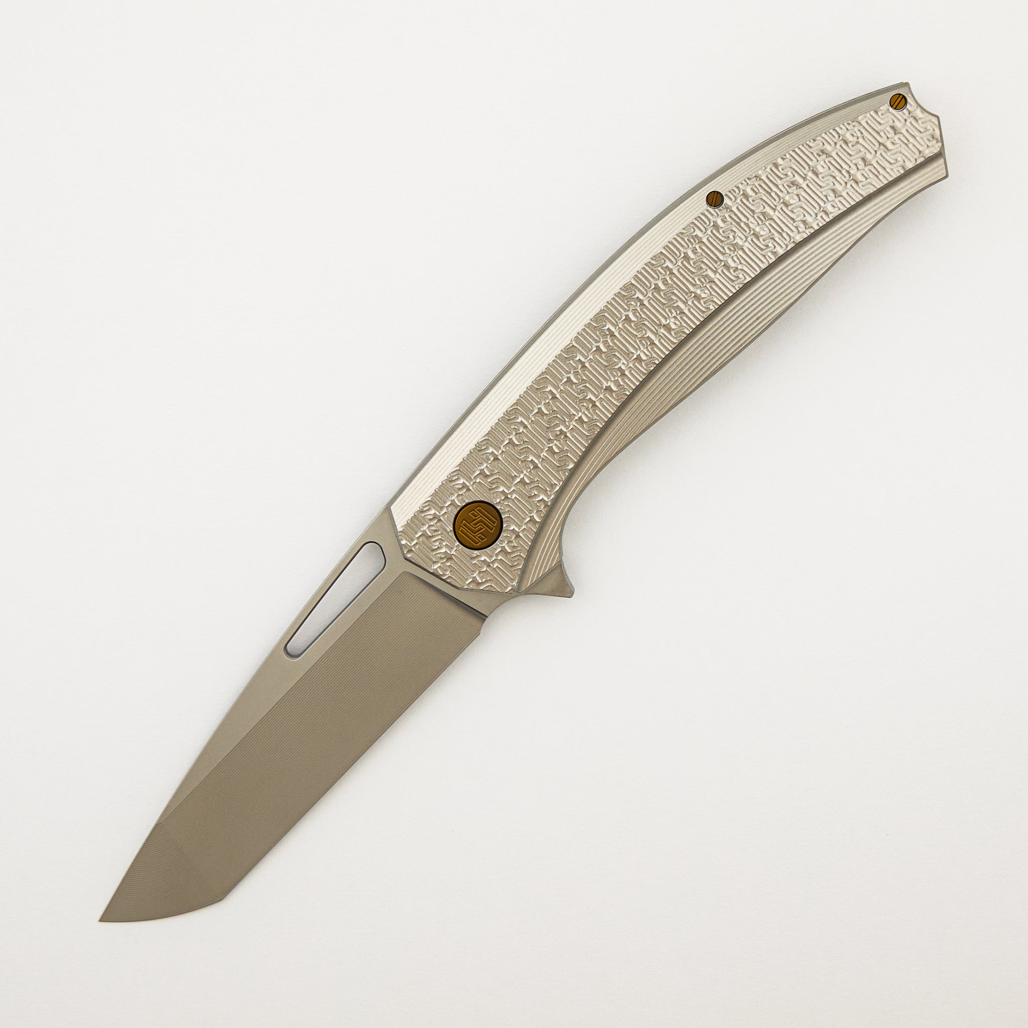 Veli – Blasted Finish Titanium Handle W/ HH Pattern – RWL-34 Blade – Bronze Anodized Titanium Hardware - S/N 476