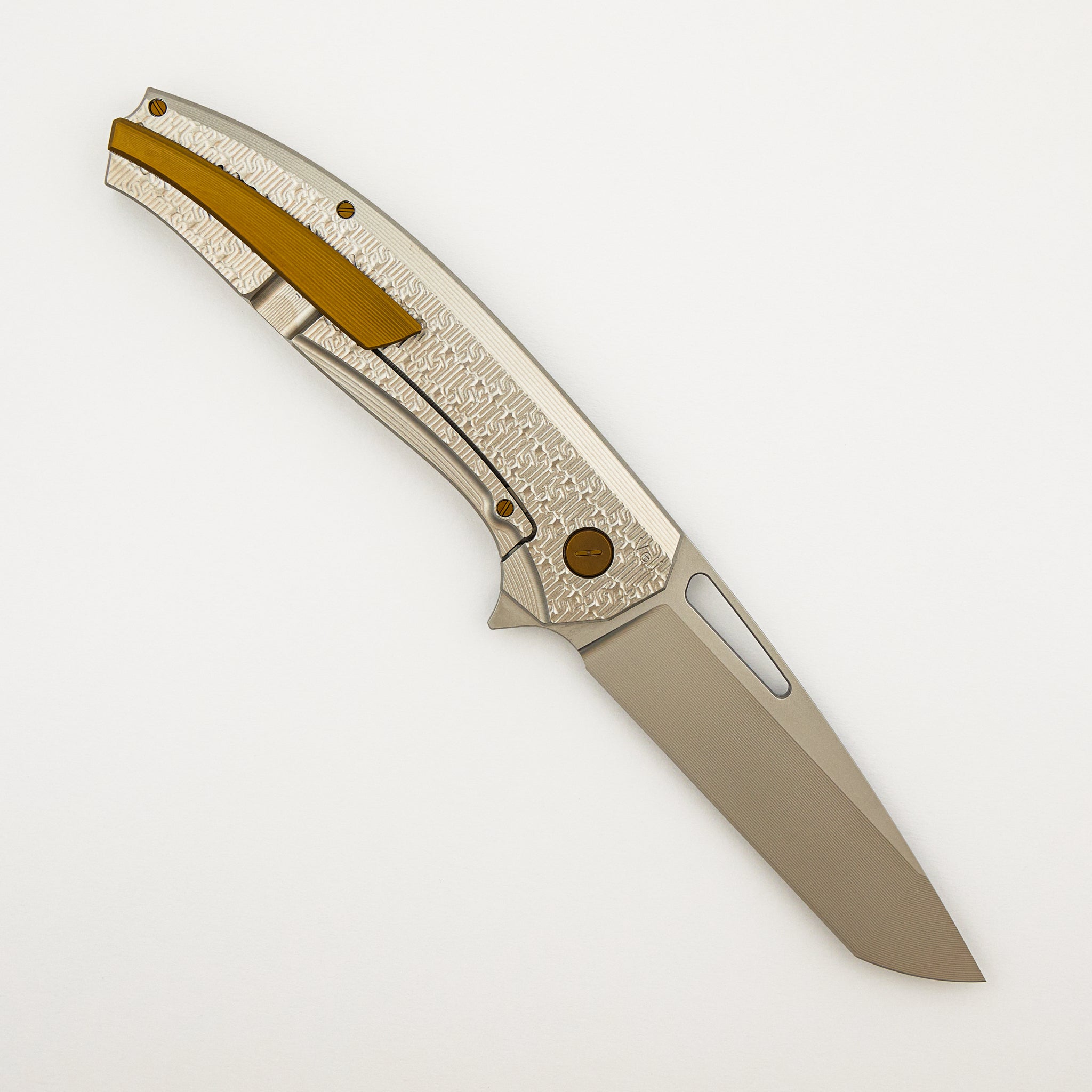 Veli – Blasted Finish Titanium Handle W/ HH Pattern – RWL-34 Blade – Bronze Anodized Titanium Hardware - S/N 476