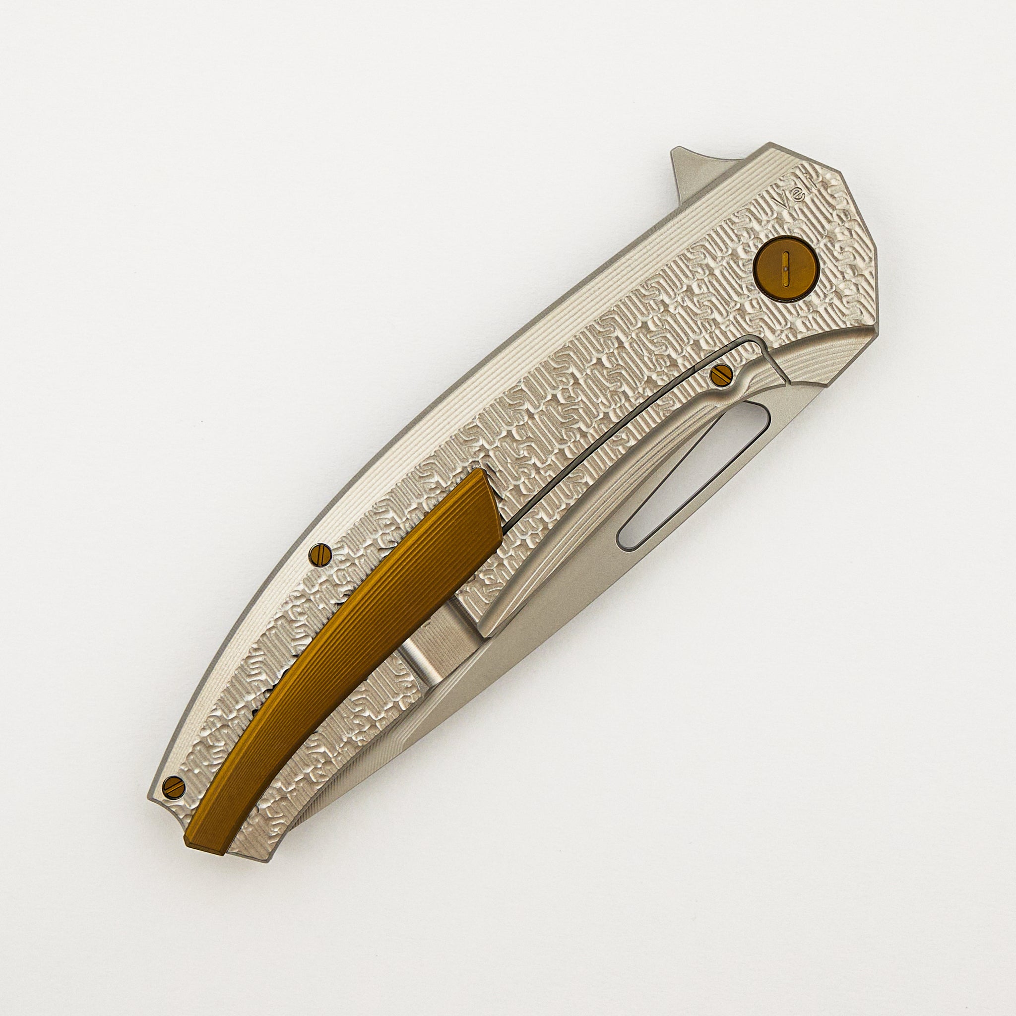 Veli – Blasted Finish Titanium Handle W/ HH Pattern – RWL-34 Blade – Bronze Anodized Titanium Hardware - S/N 476