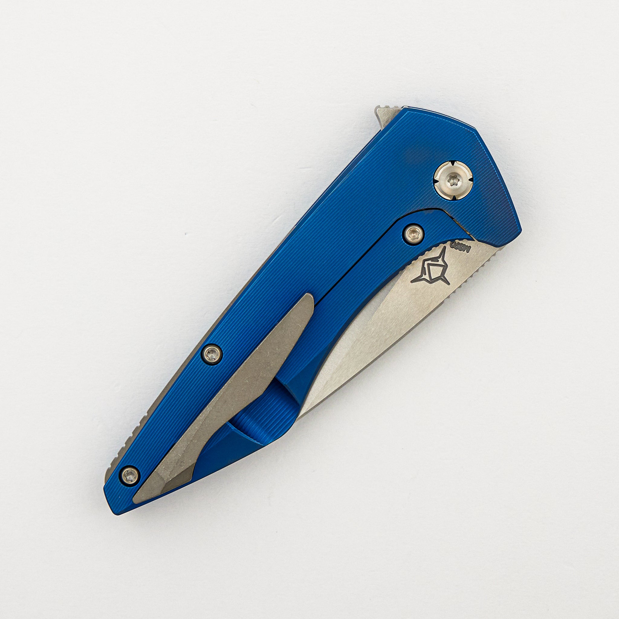 Mini Goblin - Blue Smooth Titanium Handle - Silver Hardware - Brightwashed w/ Polished Flats M390 Blade