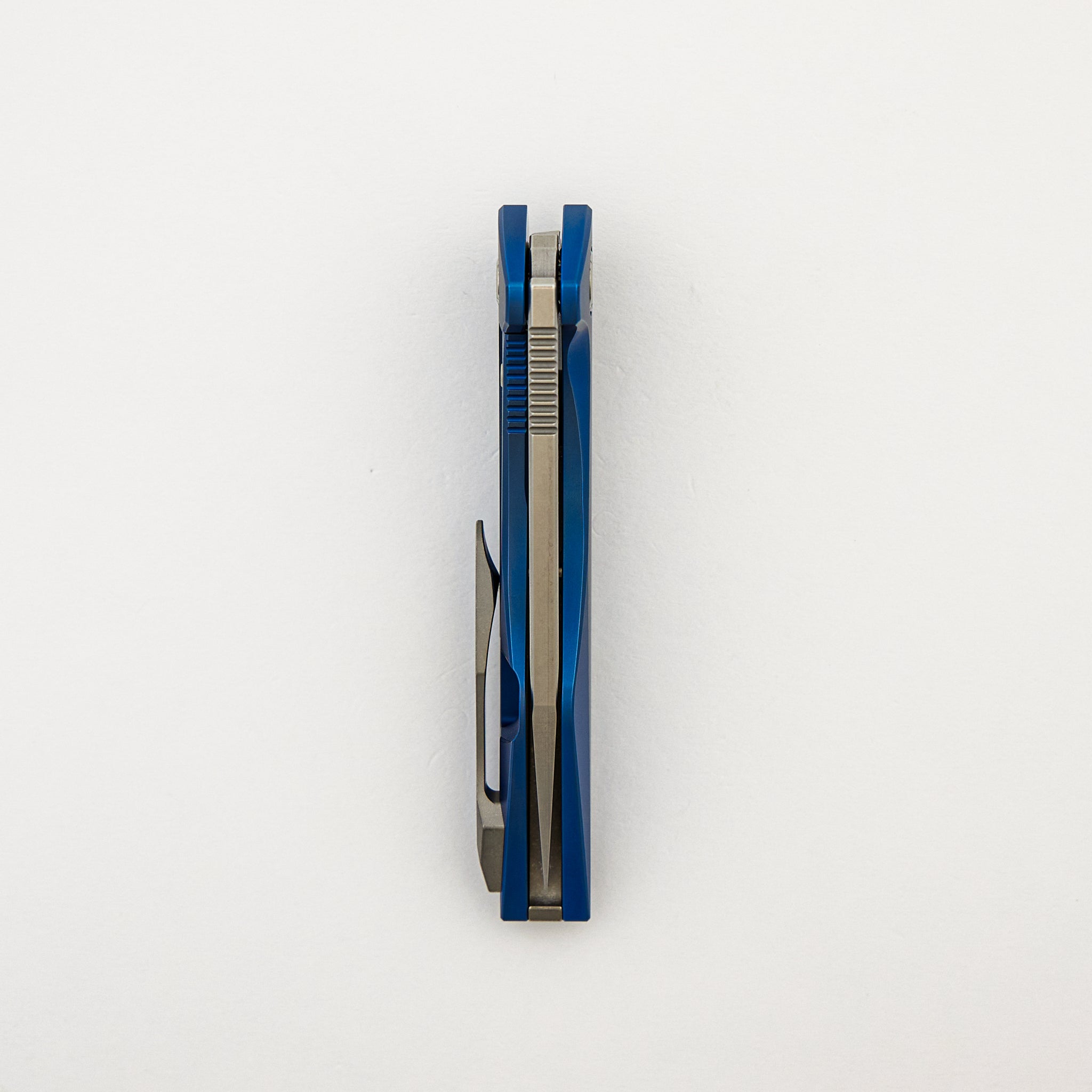 Mini Goblin - Blue Smooth Titanium Handle - Silver Hardware - Brightwashed w/ Polished Flats M390 Blade