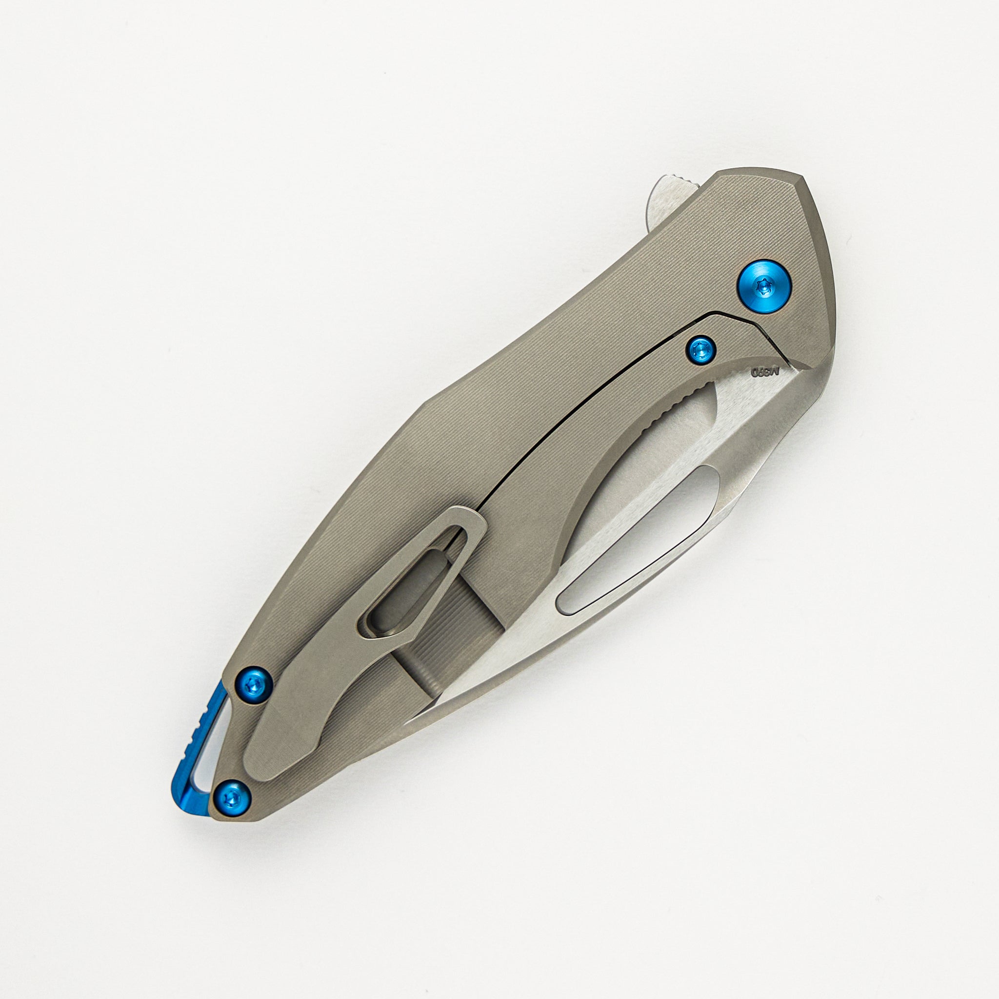 Arius - Pinstripe Titanium Handle - Blue Hardware - Burnished W/ Polished Flats M390 Blade