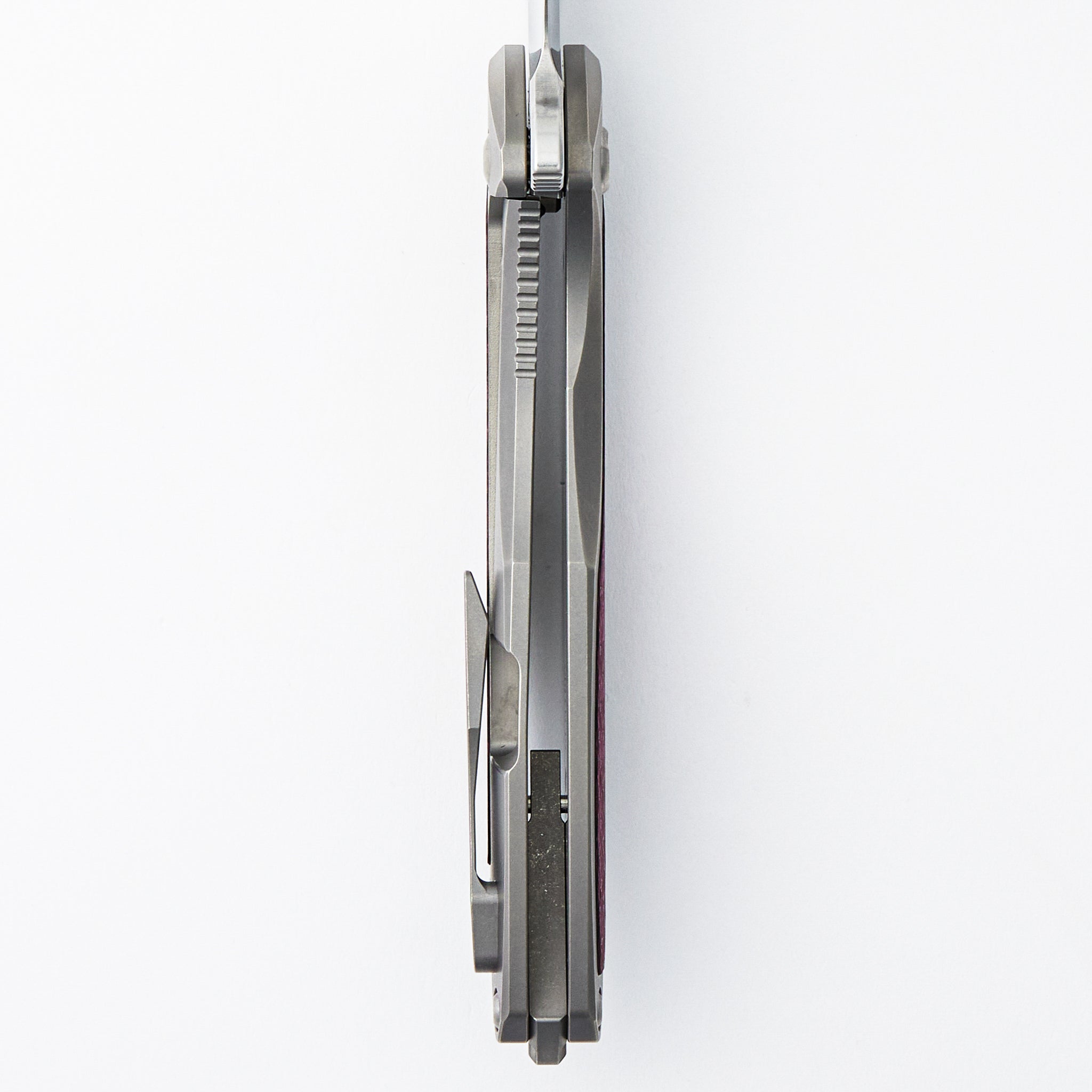 Arius - Smooth Titanium Handle W/ Cherry Twill Inlay - Silver Hardware - Brightwashed w/ Polished Flats M390 Blade