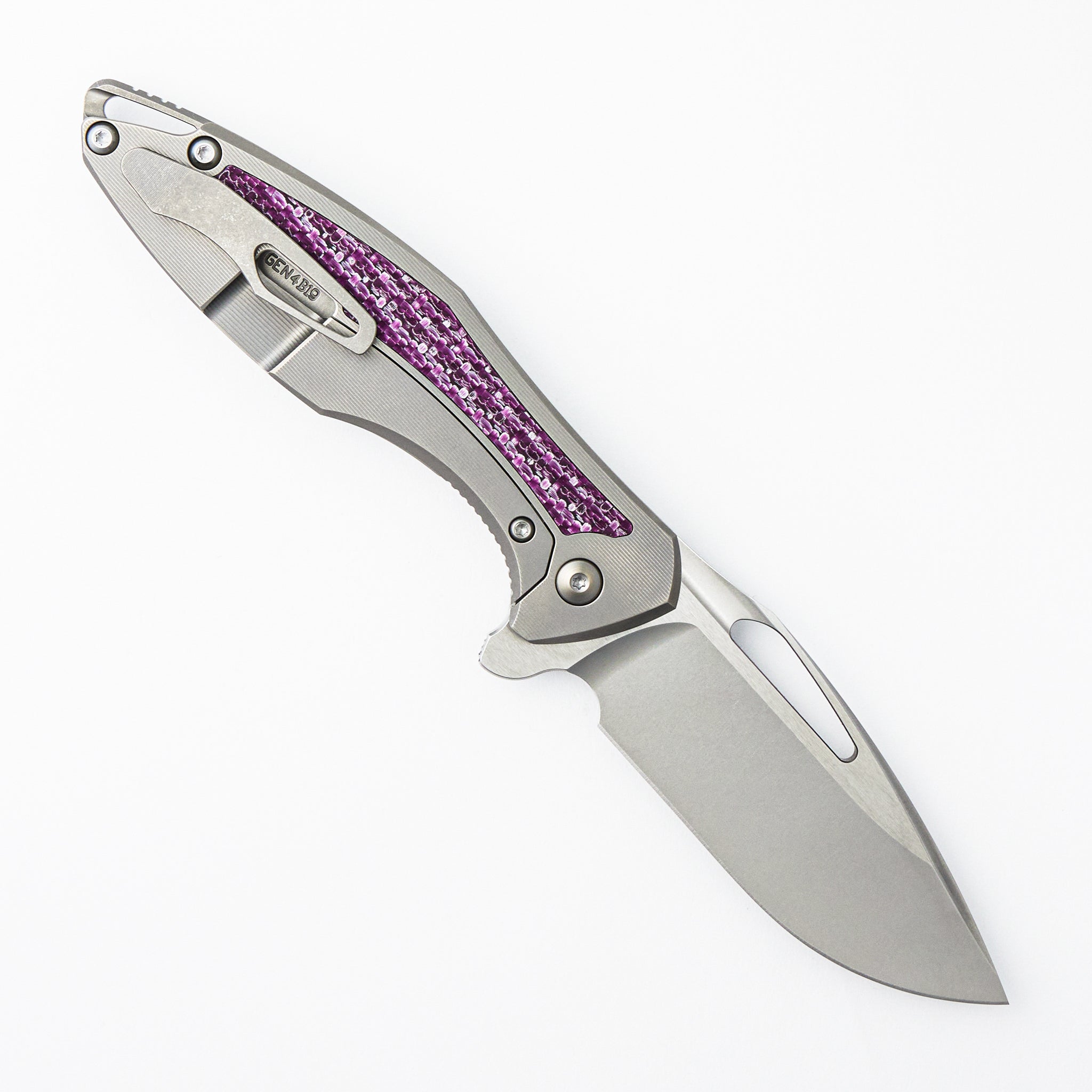 Arius - Smooth Titanium Handle W/ Purple Twill Inlay - Silver Hardware - Brightwashed w/ Polished Flats M390 Blade