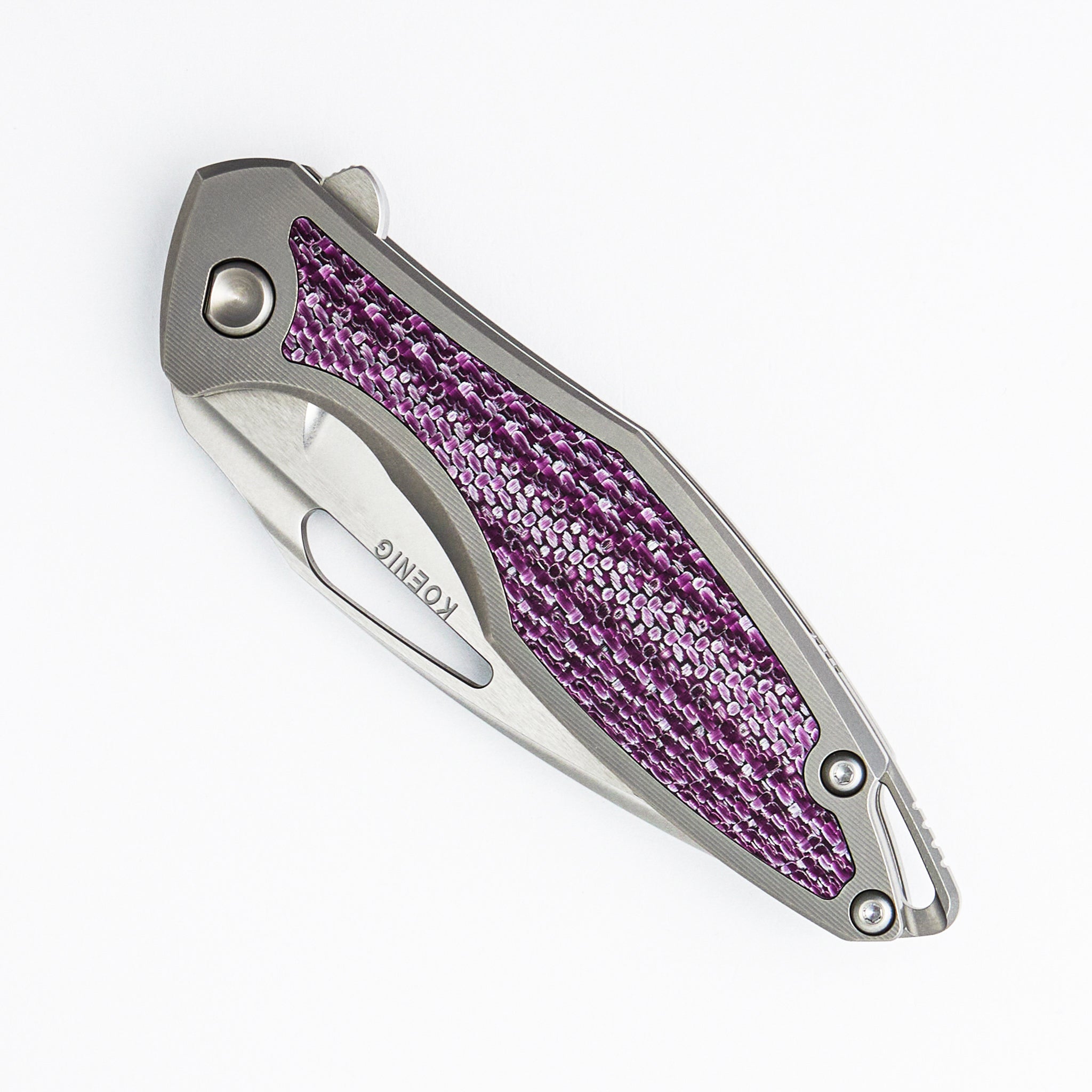 Arius - Smooth Titanium Handle W/ Purple Twill Inlay - Silver Hardware - Brightwashed w/ Polished Flats M390 Blade