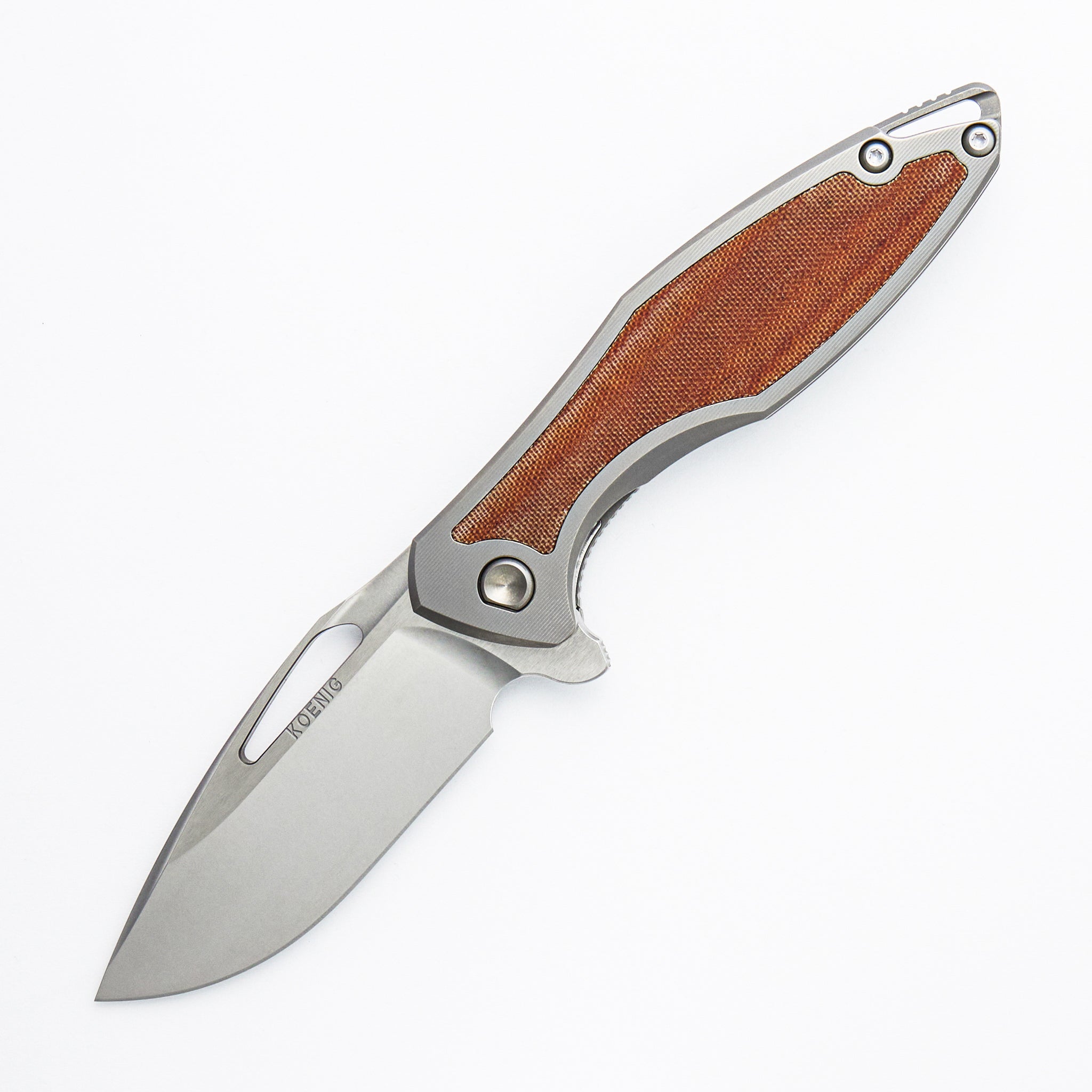 Arius - Smooth Titanium Handle W/ Tan Micarta Inlay - Silver Hardware - Burnished w/ Polished Flats M390 Blade