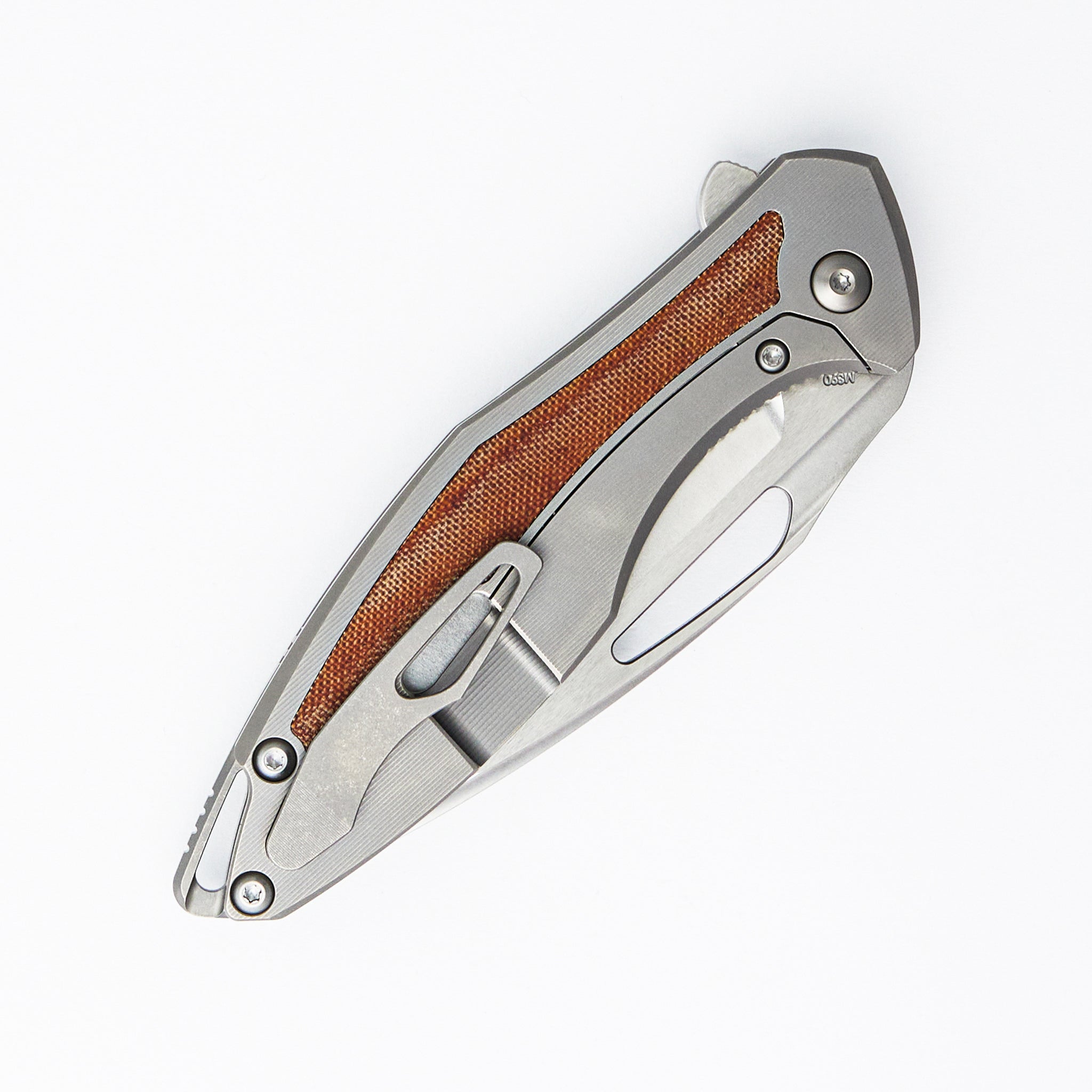 Arius - Smooth Titanium Handle W/ Tan Micarta Inlay - Silver Hardware - Burnished w/ Polished Flats M390 Blade