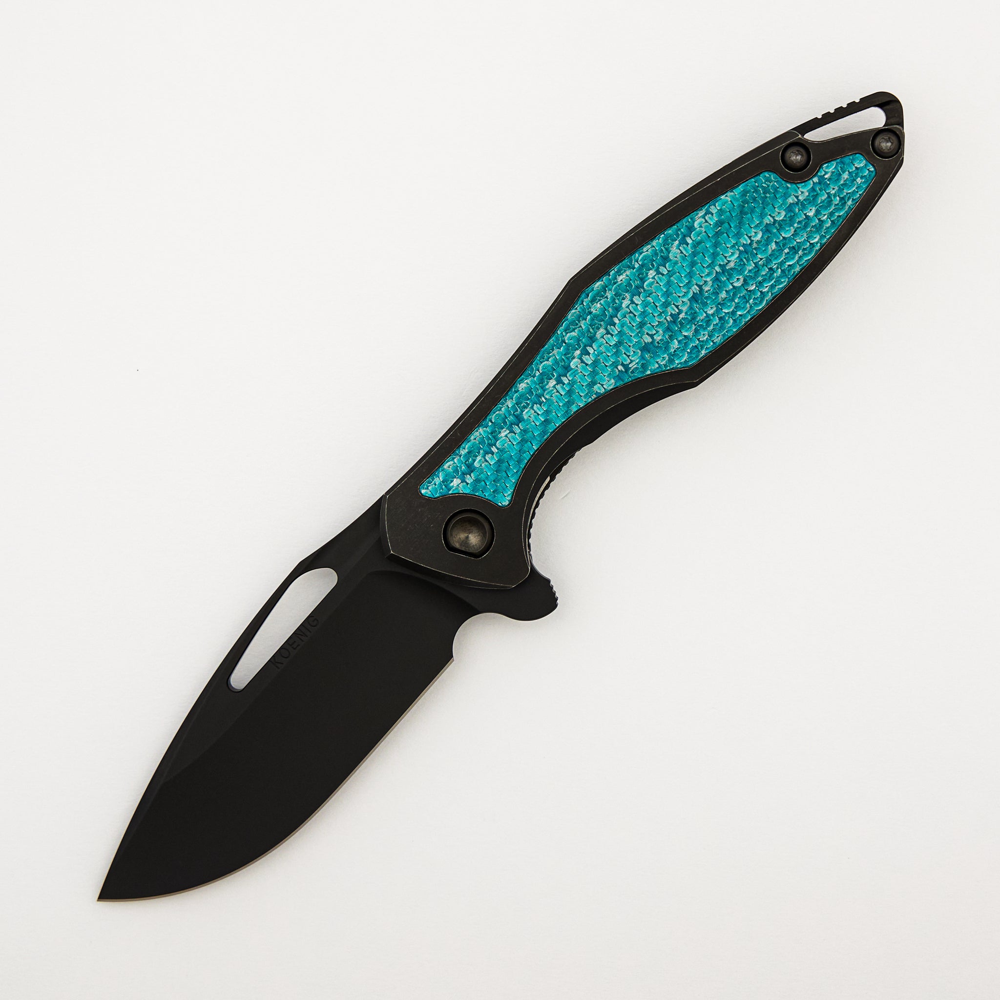 Arius - Smooth Black Titanium Handle - Aqua Teal Twill Inlay - Black Hardware - Matte DLC M390 Blade