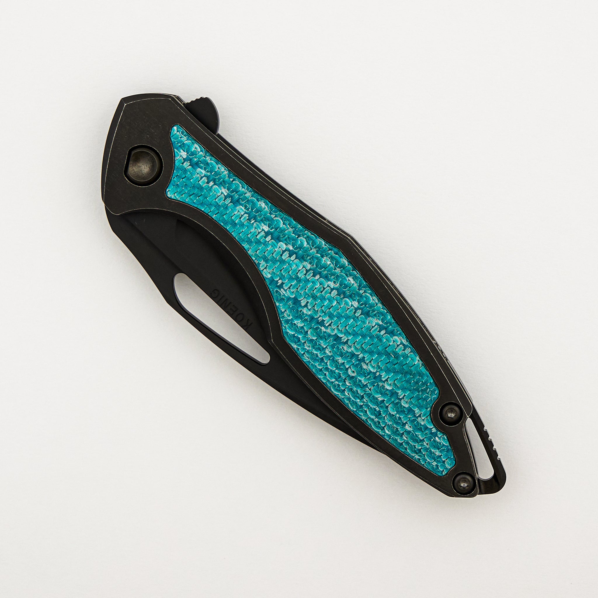 Arius - Smooth Black Titanium Handle - Aqua Teal Twill Inlay - Black Hardware - Matte DLC M390 Blade