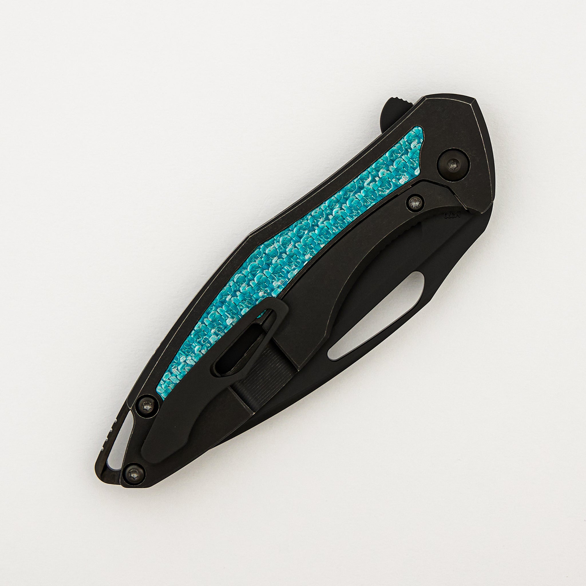 Arius - Smooth Black Titanium Handle - Aqua Teal Twill Inlay - Black Hardware - Matte DLC M390 Blade