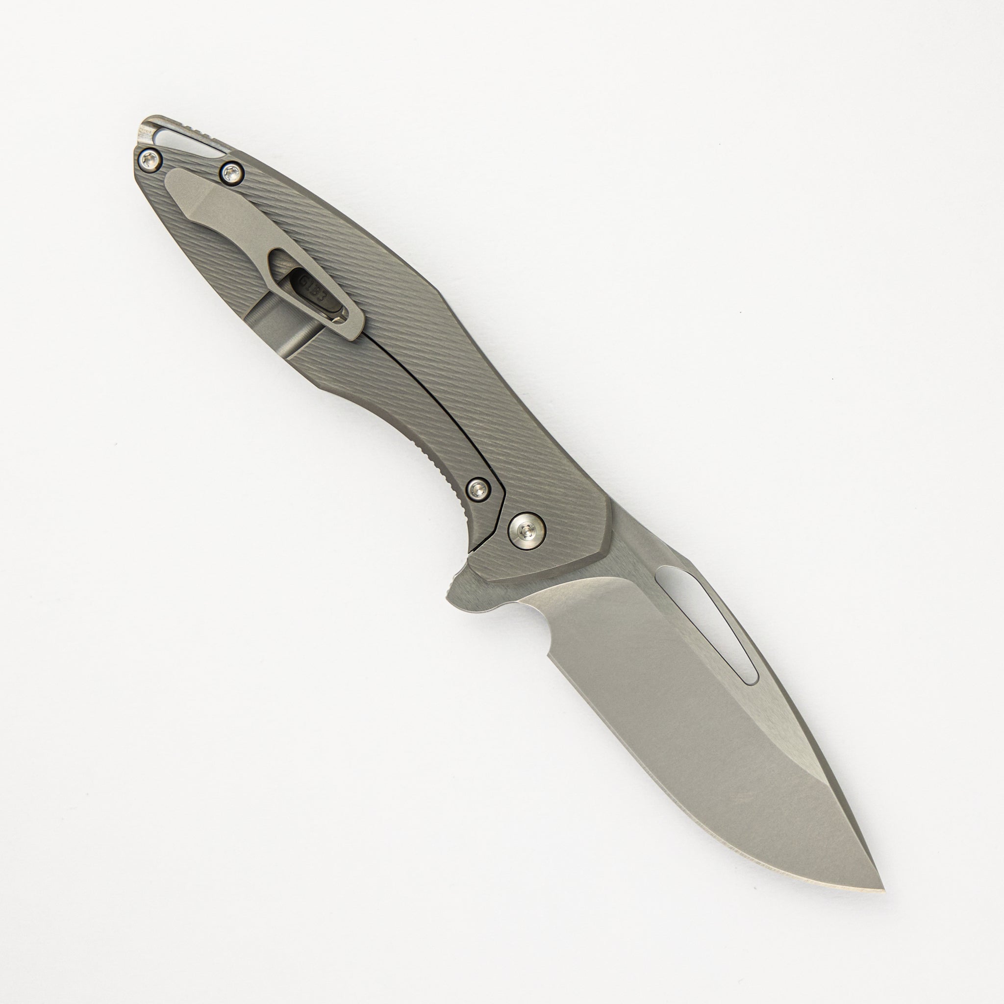 Mini Arius - Corda Titanium Handle - Silver Hardware - Burnished W/ Polished Flats M390 Blade