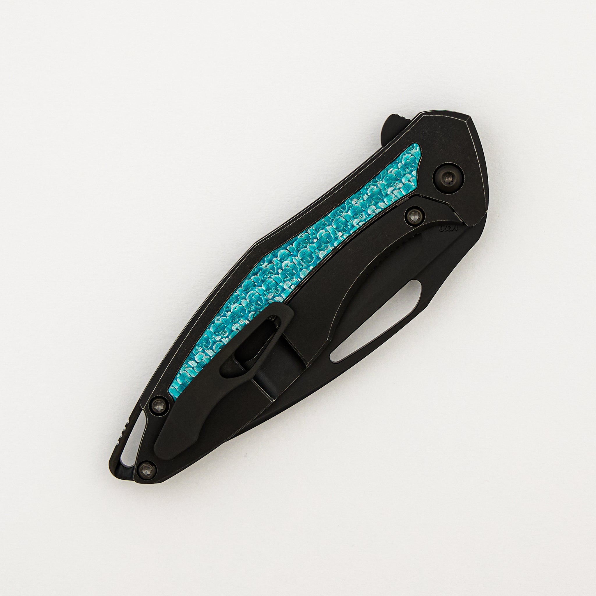 Mini Arius - Smooth Black Titanium Handle - Aqua Teal Twill Inlay - Black Hardware - Matte DLC M390 Blade