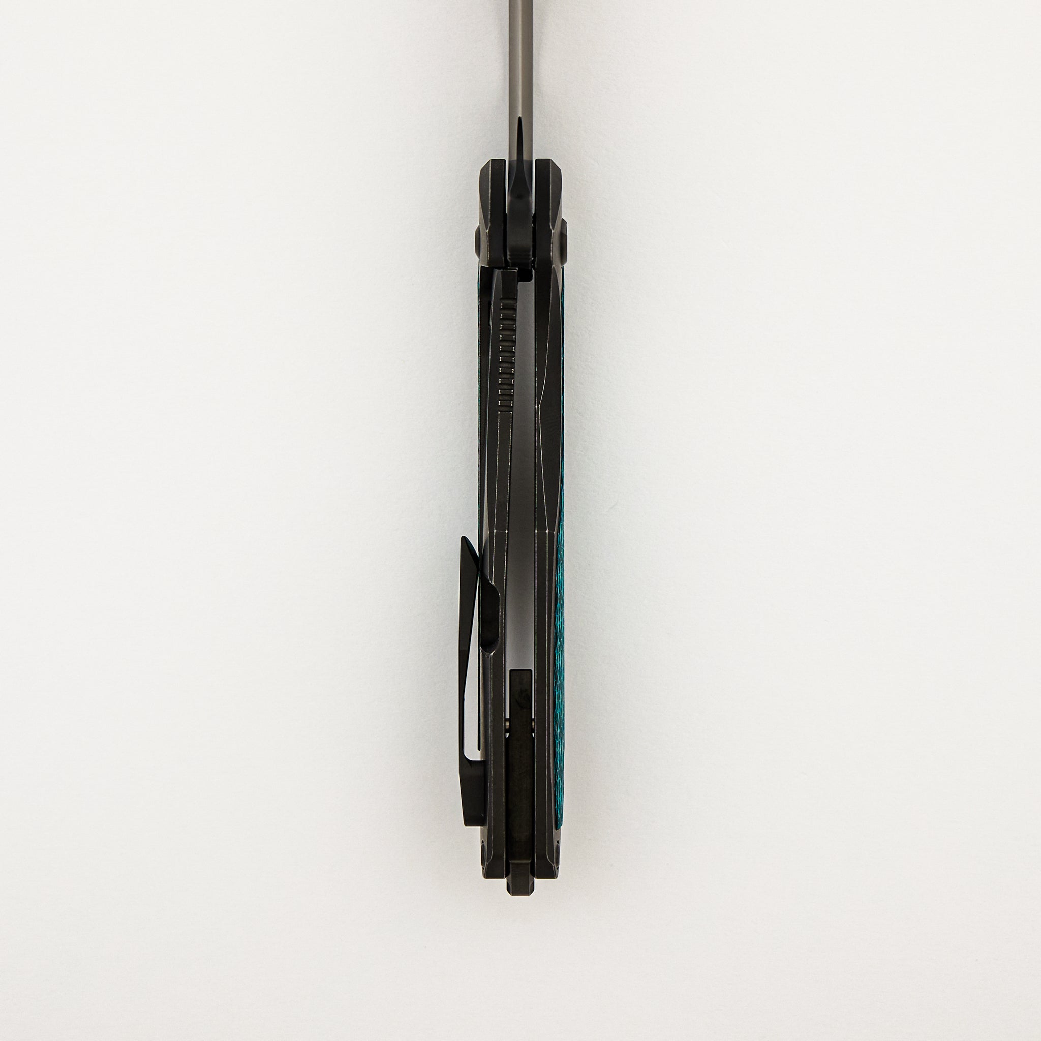 Mini Arius - Smooth Black Titanium Handle - Aqua Teal Twill Inlay - Black Hardware - Matte DLC M390 Blade