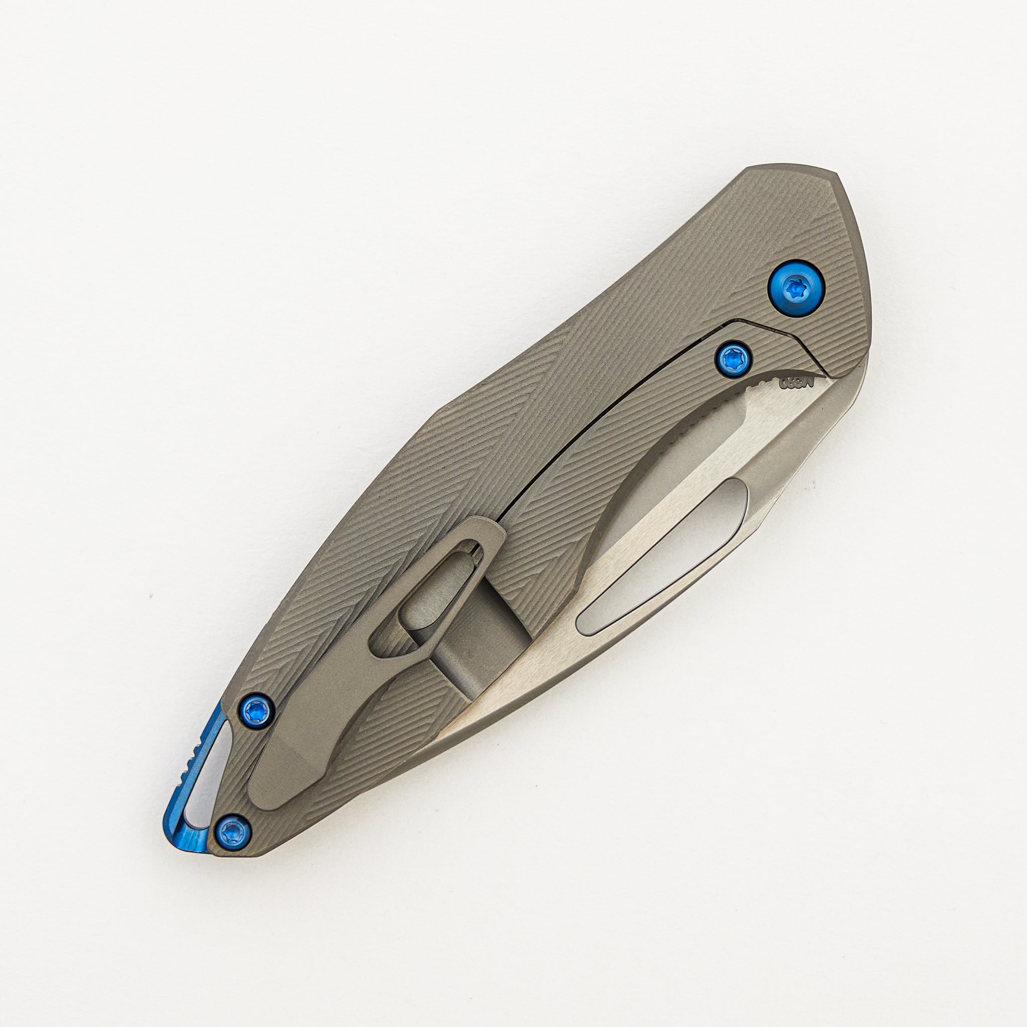 Mini Arius - Non Flipper - Patterned Titanium Handle - Blue Hardware - Burnished W/ Polished Flats M390 Blade