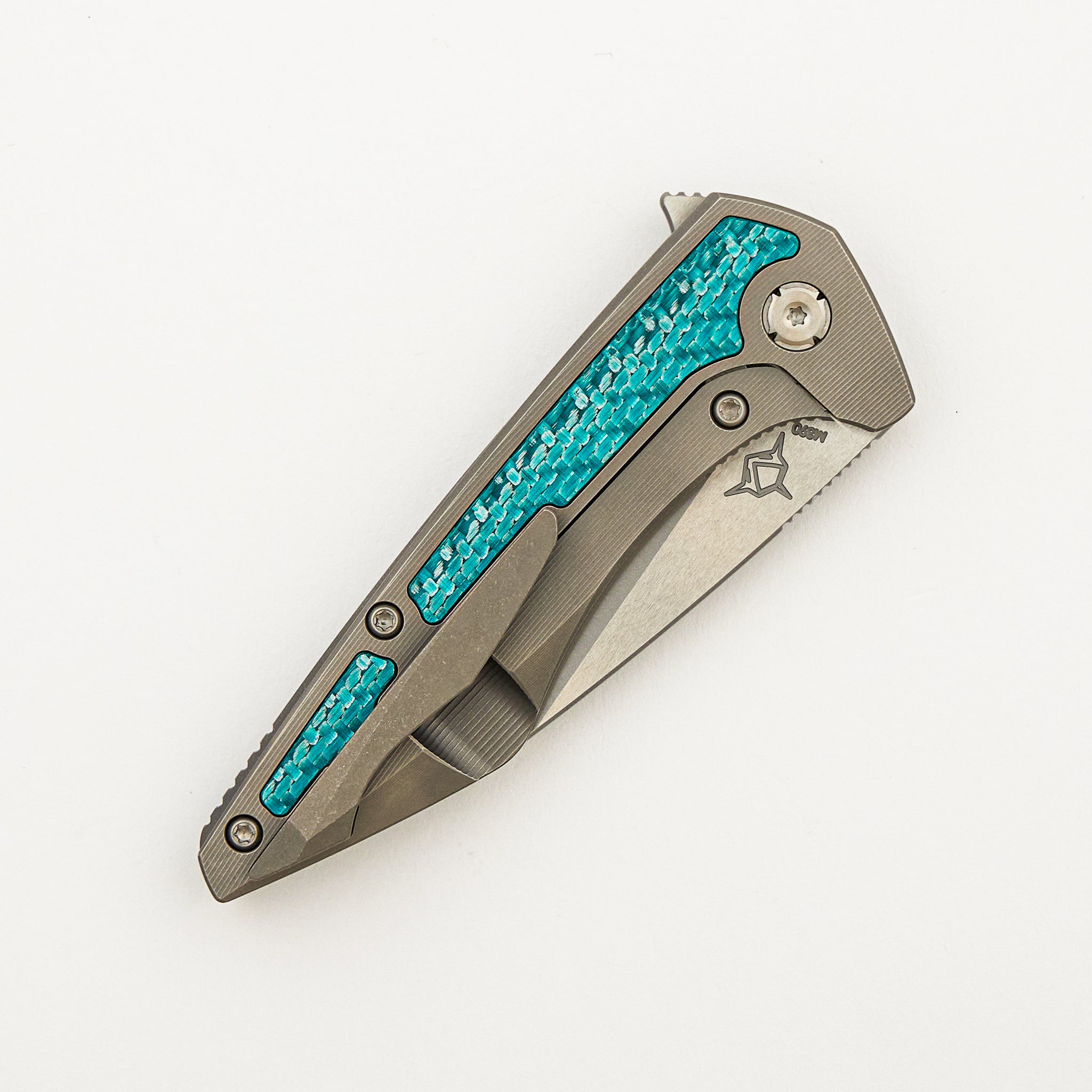 Mini Goblin - Smooth Titanium W/ Aqua Green Twill Inlay Handle - Silver Hardware - Burnished W/ Polished Flats M390 Blade