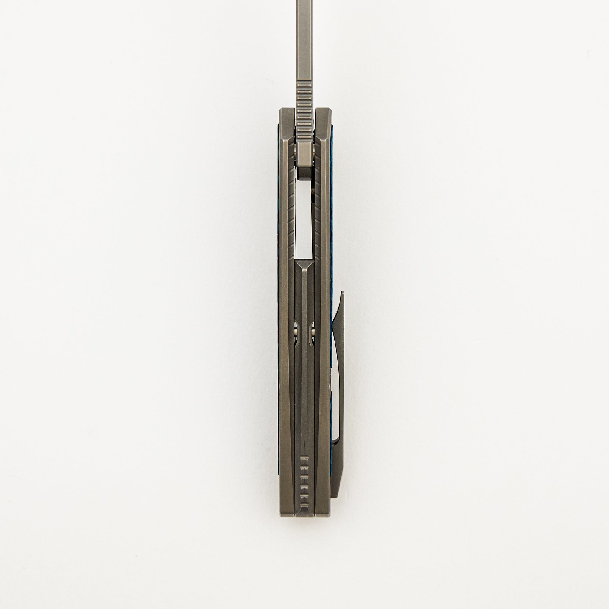 Mini Goblin - Smooth Titanium W/ Aqua Teal Twill Inlay Handle - Silver Hardware - Burnished W/ Polished Flats M390 Blade