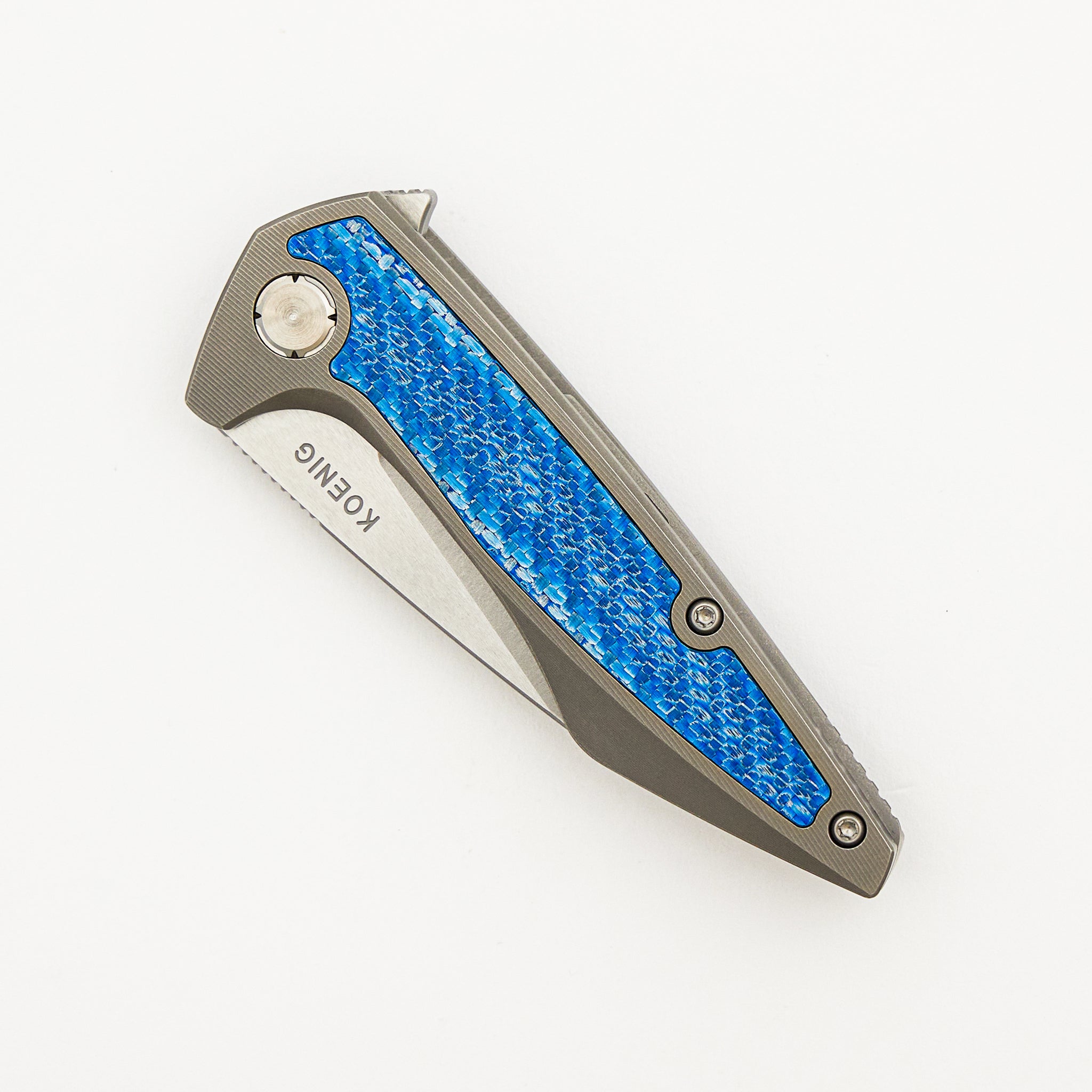 Mini Goblin - Smooth Titanium W/ Blue Twill Inlay Handle - Silver Hardware - Burnished W/ Polished Flats M390 Blade