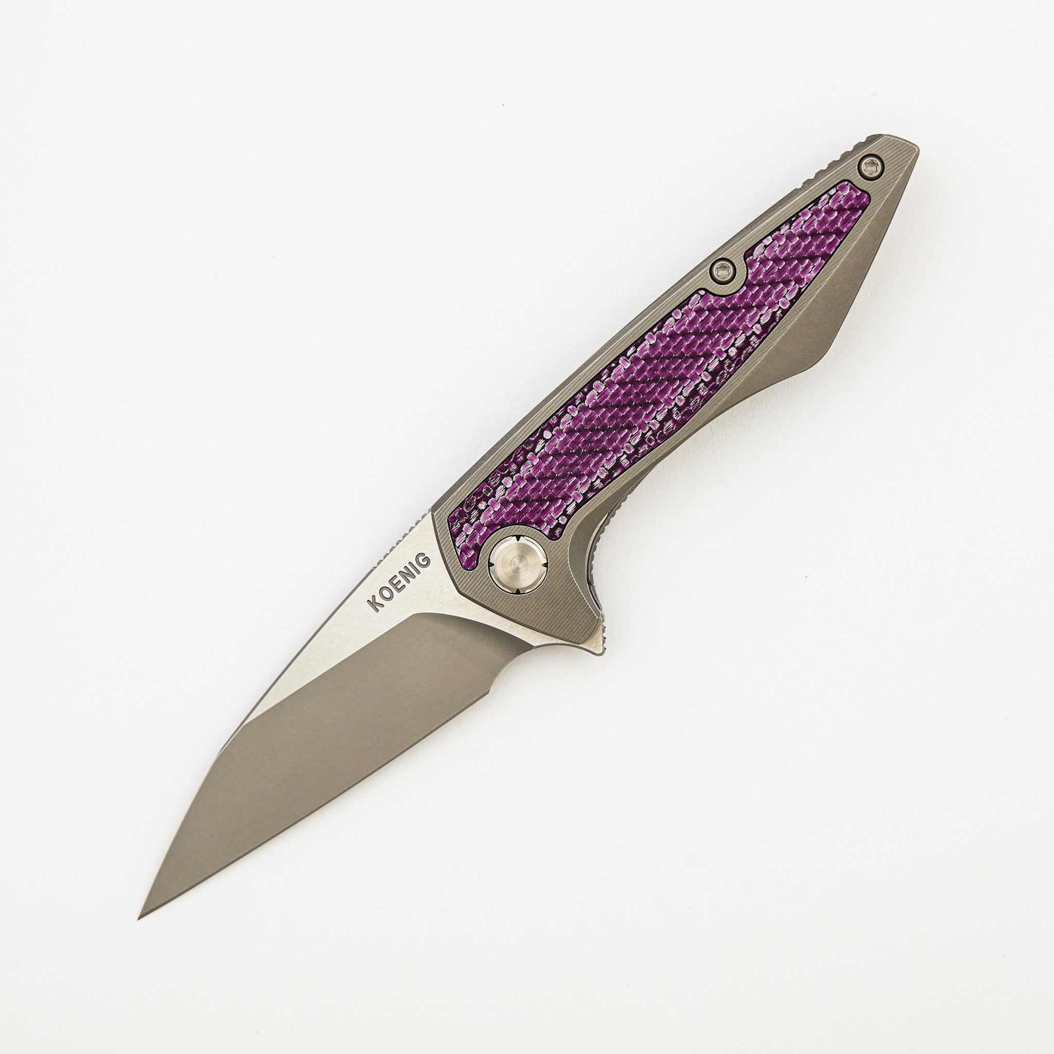 Mini Goblin - Smooth Titanium W/ Purple Twill Inlay Handle - Silver Hardware - Burnished W/ Polished Flats M390 Blade