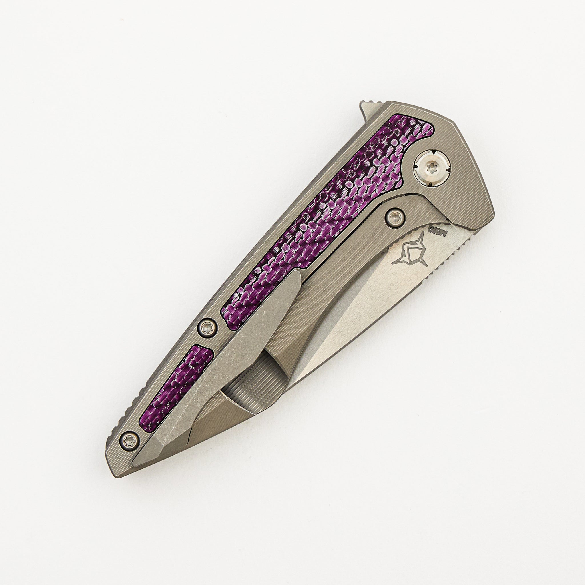 Mini Goblin - Smooth Titanium W/ Purple Twill Inlay Handle - Silver Hardware - Burnished W/ Polished Flats M390 Blade