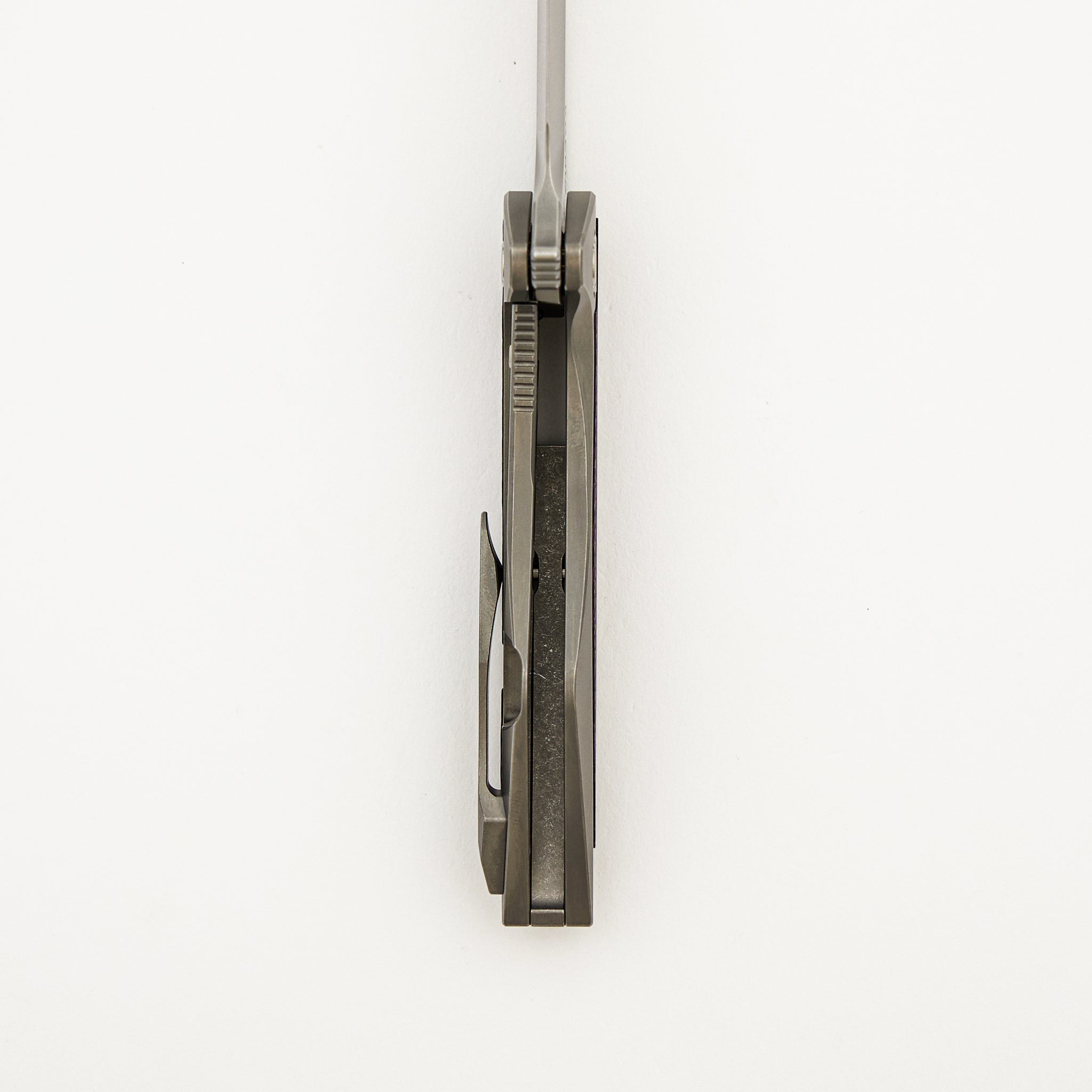 Mini Goblin - Smooth Titanium W/ Purple Twill Inlay Handle - Silver Hardware - Burnished W/ Polished Flats M390 Blade