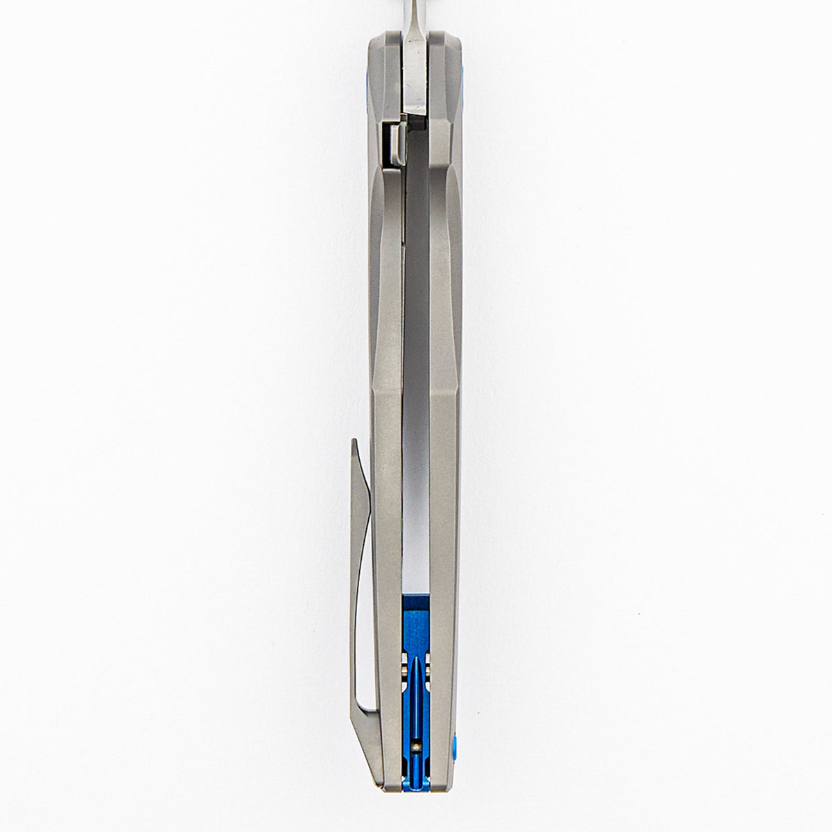 Xenon - Smooth Titanium Handle - Blue Hardware - Burnished W/ Polished Flats M390 Blade