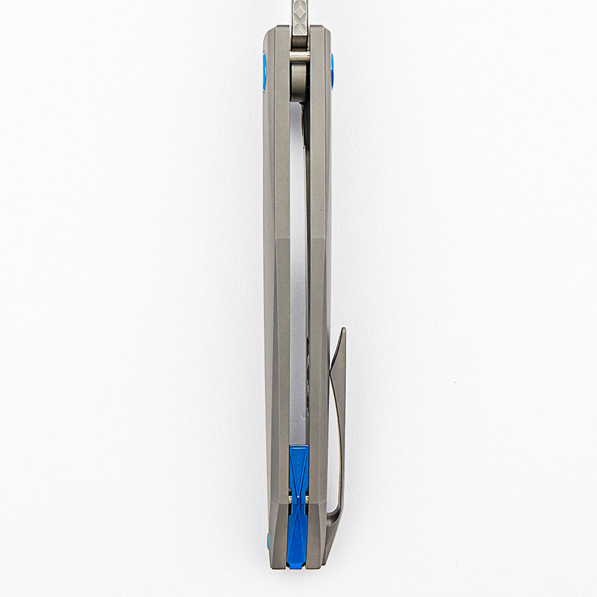 Xenon - Smooth Titanium Handle - Blue Hardware - Burnished W/ Polished Flats M390 Blade