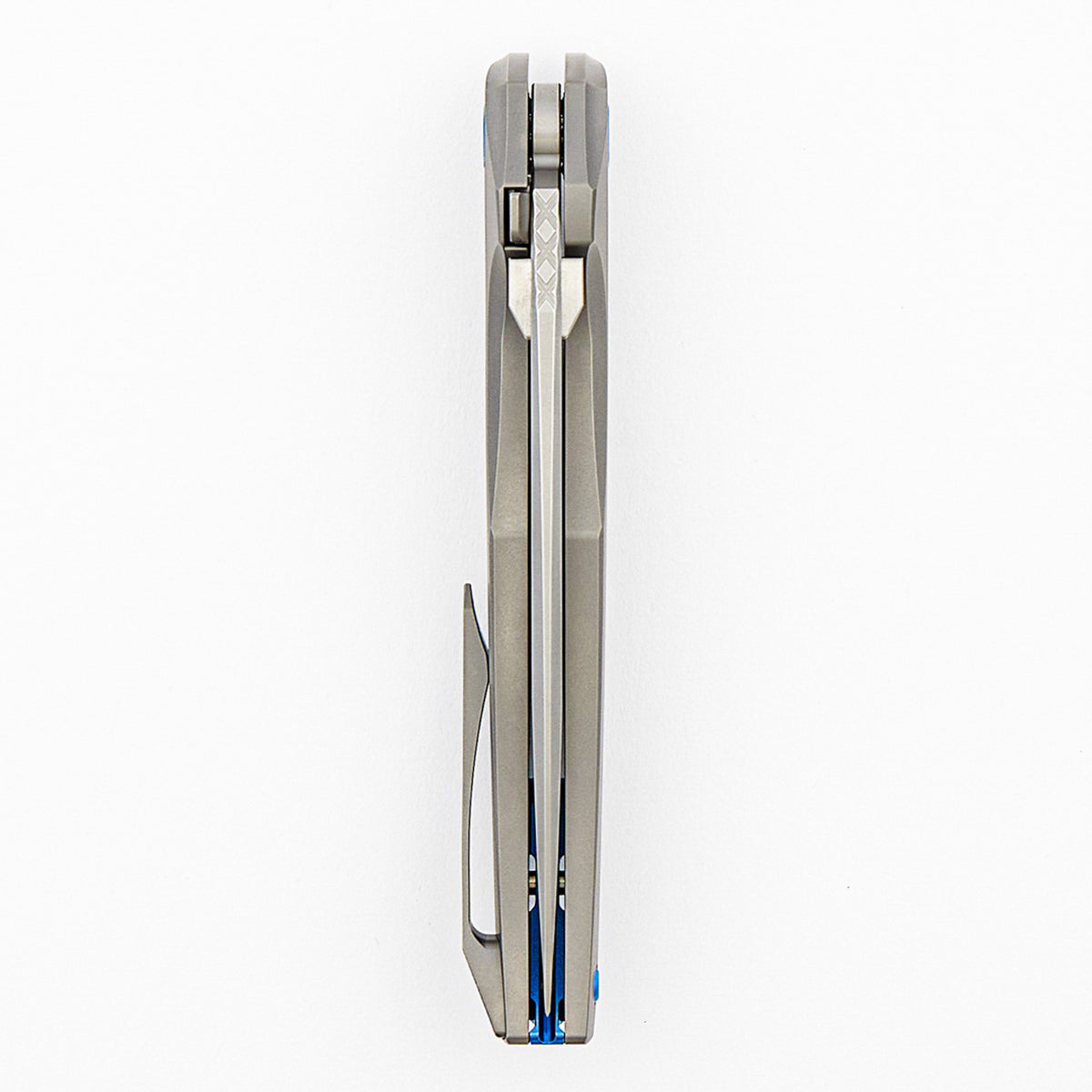 Xenon - Smooth Titanium Handle - Blue Hardware - Burnished W/ Polished Flats M390 Blade
